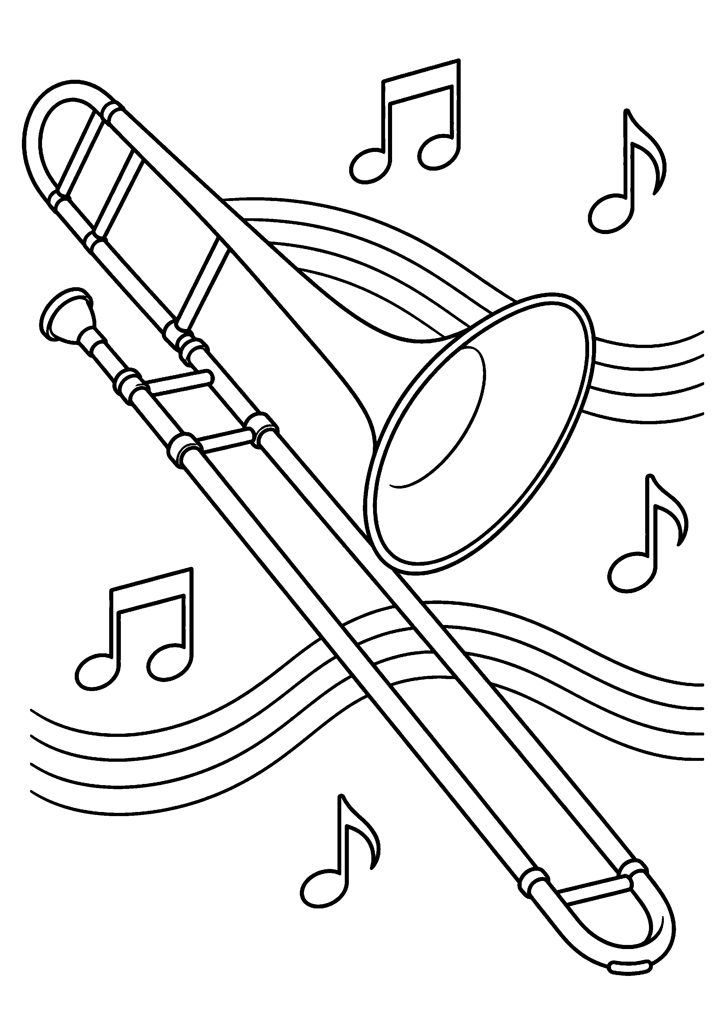 Coloriage musique représentant trombone générique avec coulisse bien visible et quelques notes, dessin gratuit à imprimer