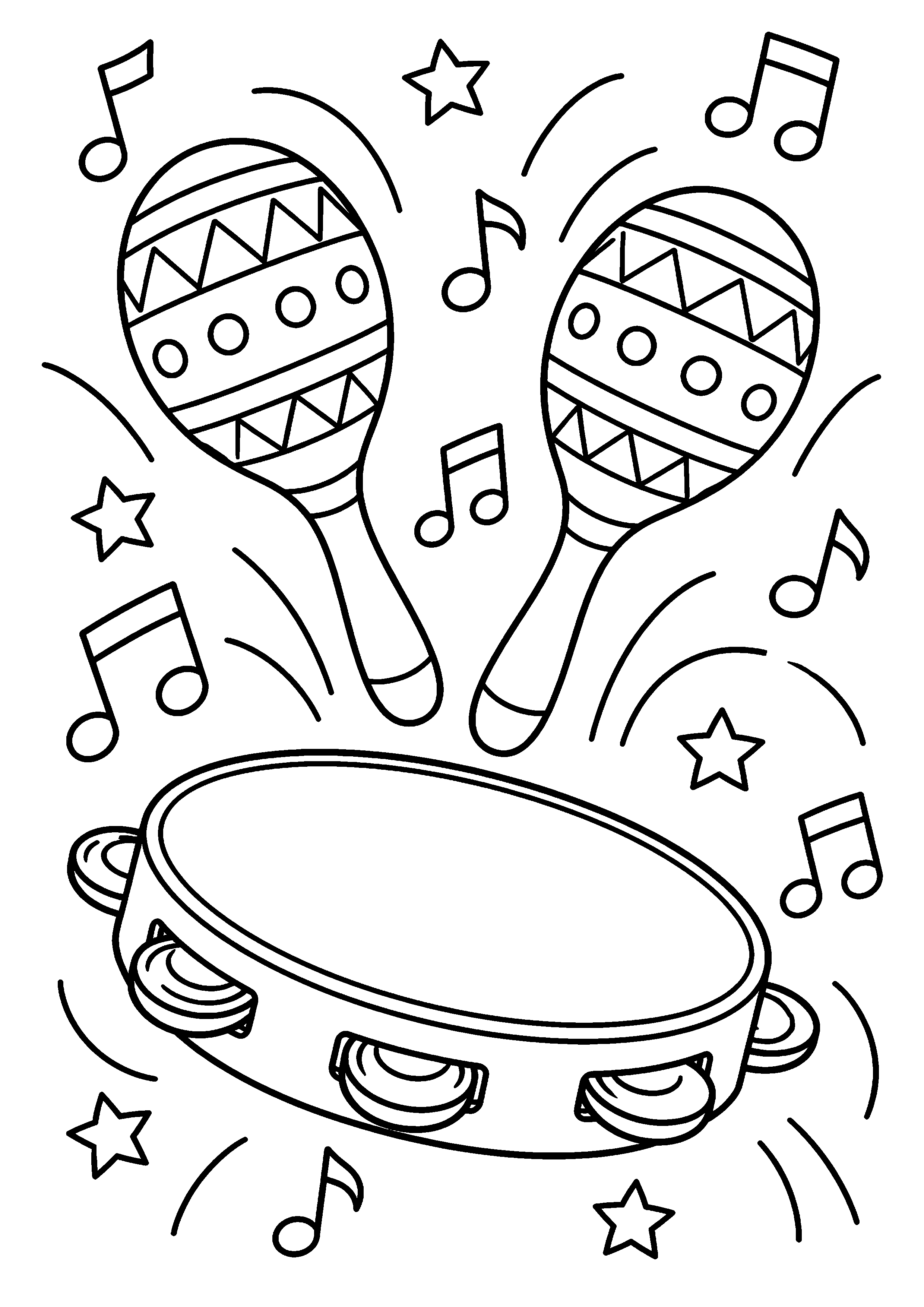 Coloriage musique représentant paire de maracas et tambourin génériques dans une composition équilibrée, dessin gratuit à imprimer