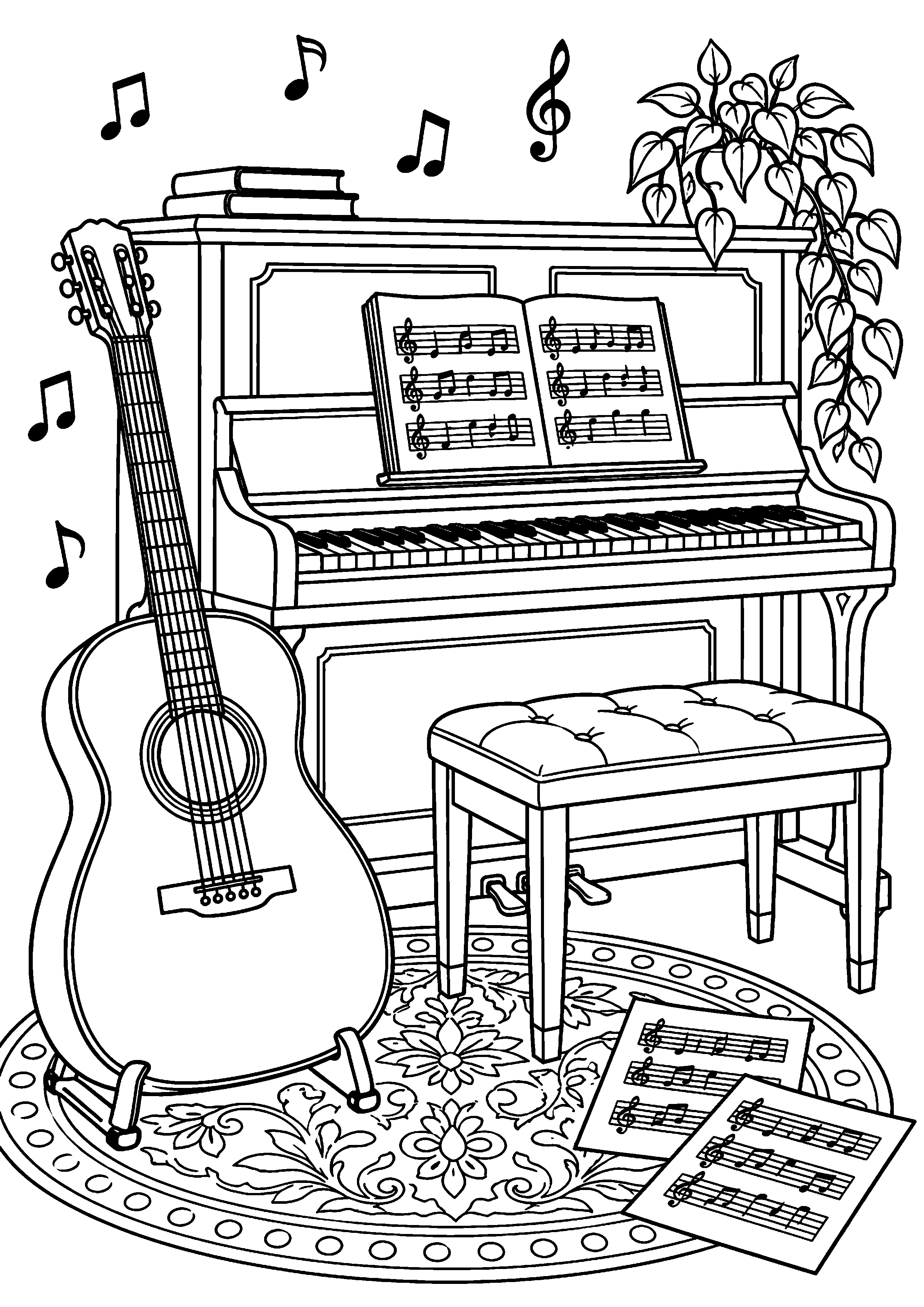 Coloriage musique représentant guitare acoustique posée près d’un petit piano droit générique, dessin gratuit à imprimer