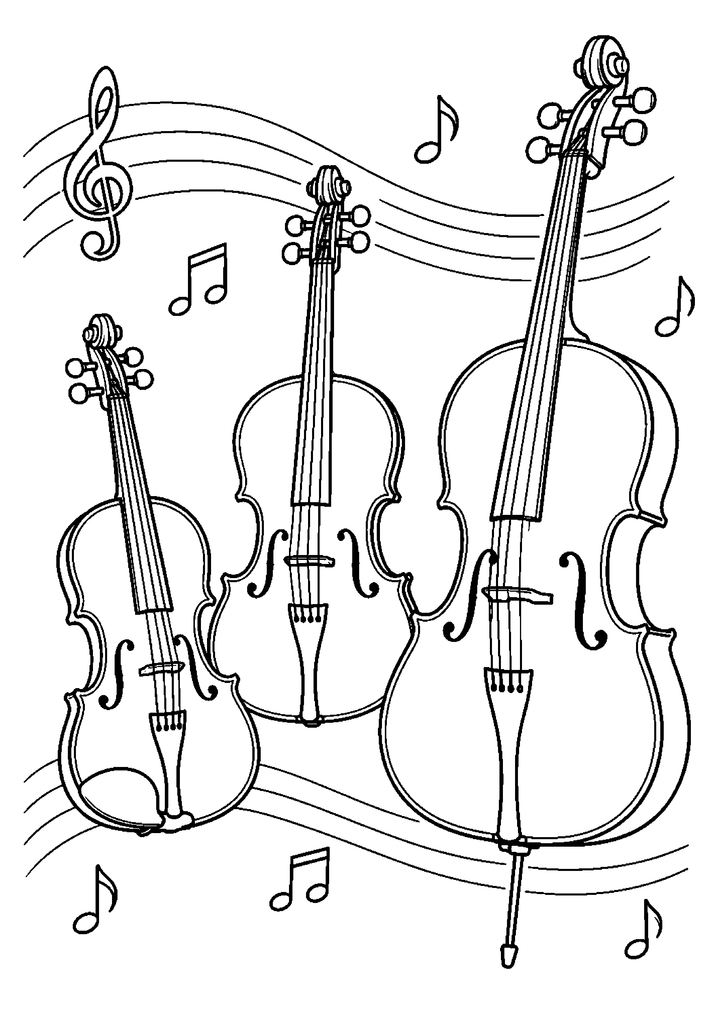 Coloriage musique représentant violon, alto et violoncelle disposés ensemble sans musiciens, dessin gratuit à imprimer