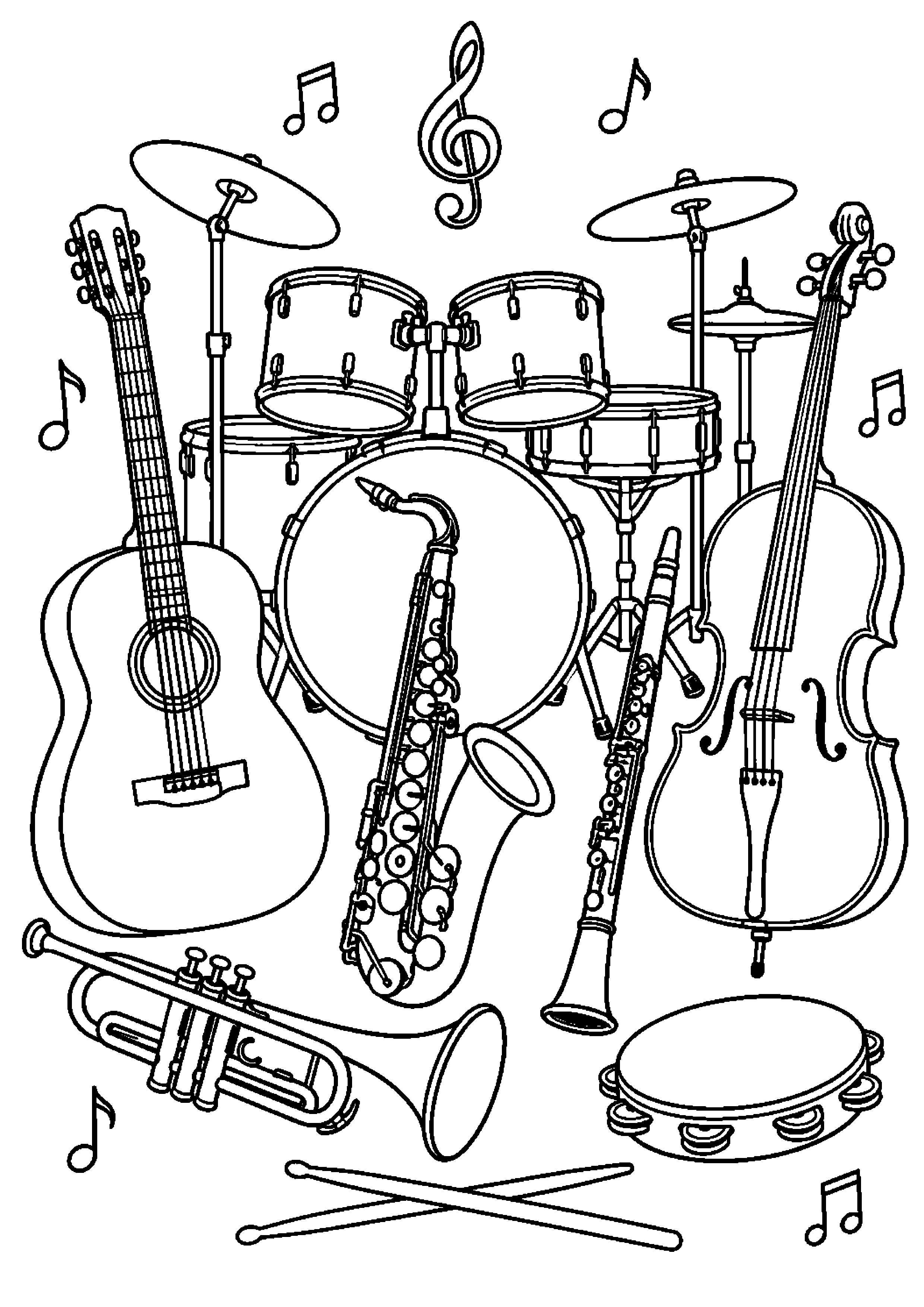 Coloriage musique représentant groupe d’instruments génériques : cordes, vents et percussions, sans scène de festival, dessin gratuit à imprimer