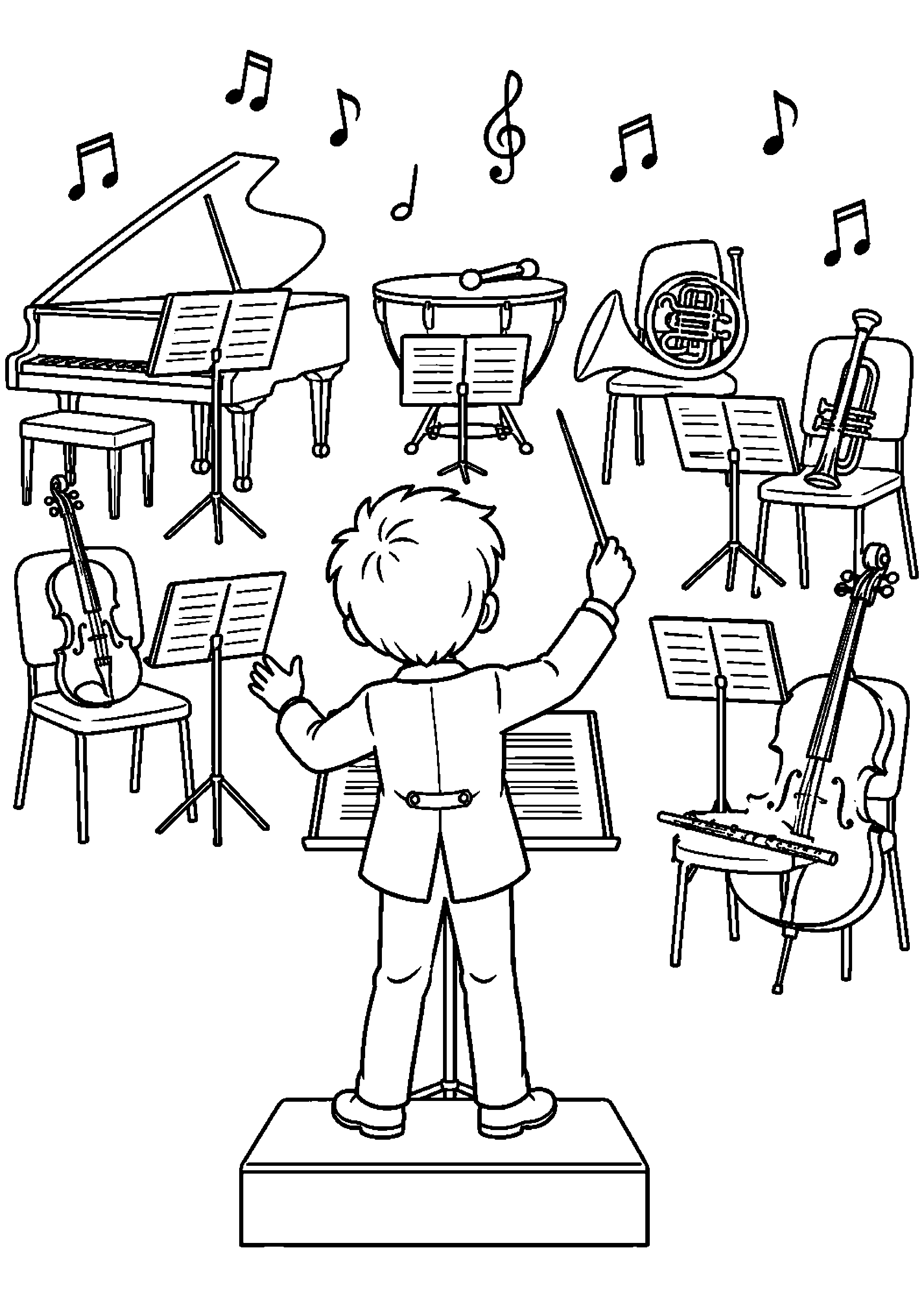 Coloriage musique représentant enfant tenant une baguette devant plusieurs pupitres et instruments génériques, dessin gratuit à imprimer
