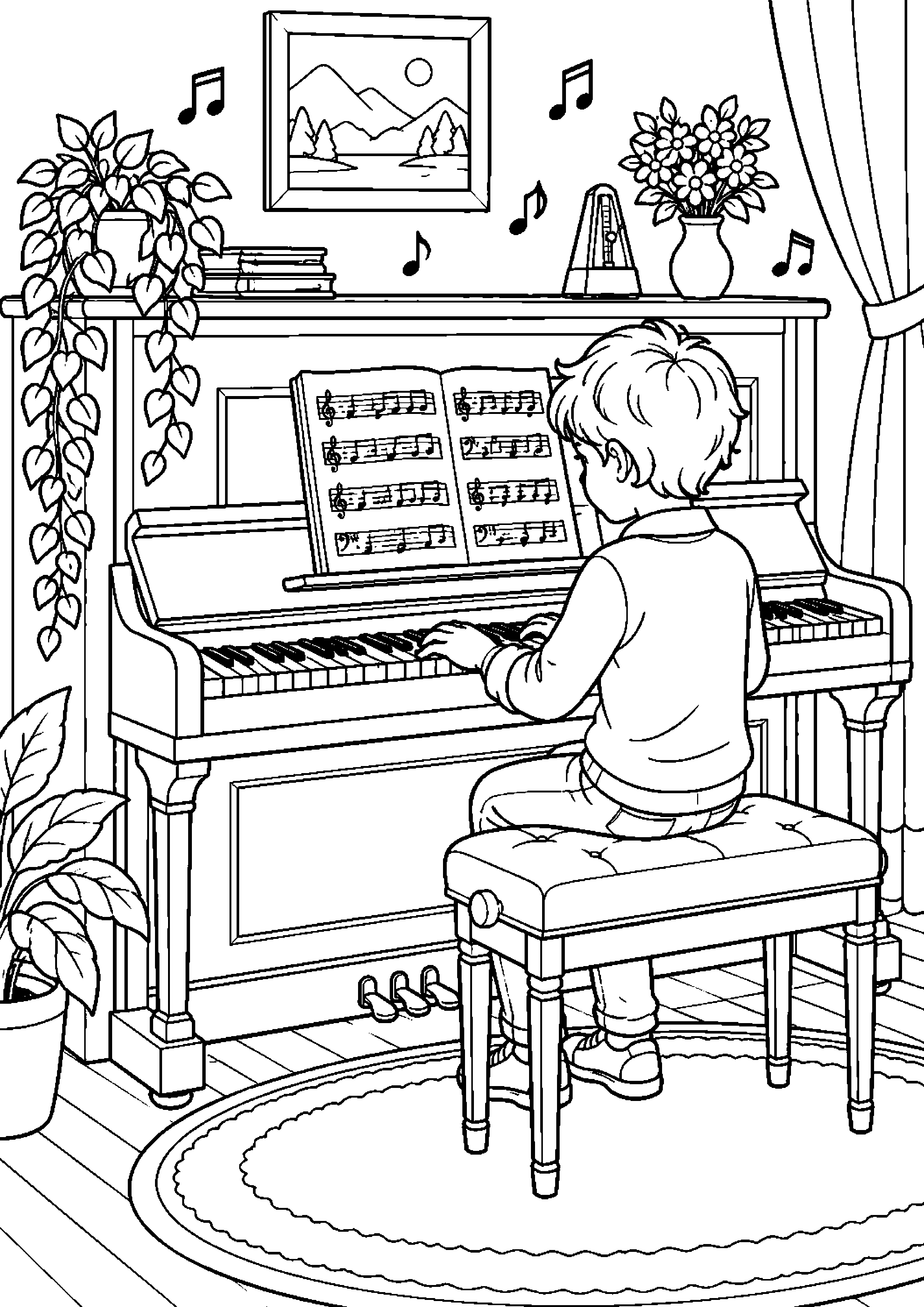 Coloriage musique représentant enfant assis devant un piano droit générique, mains sur le clavier, dessin gratuit à imprimer