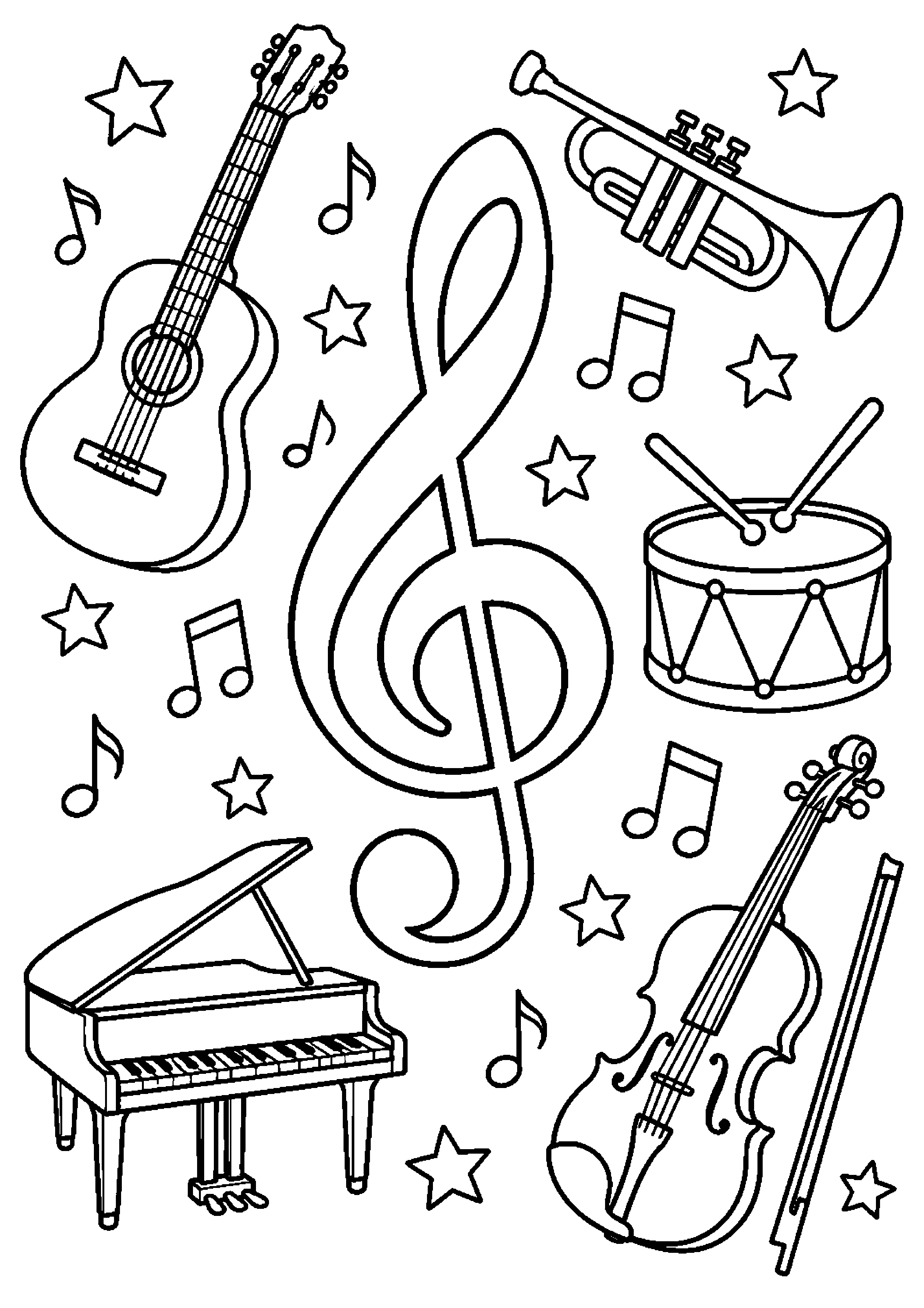 Coloriage musique représentant grande clé de sol entourée de notes, étoiles et formes géométriques, sans texte, dessin gratuit à imprimer