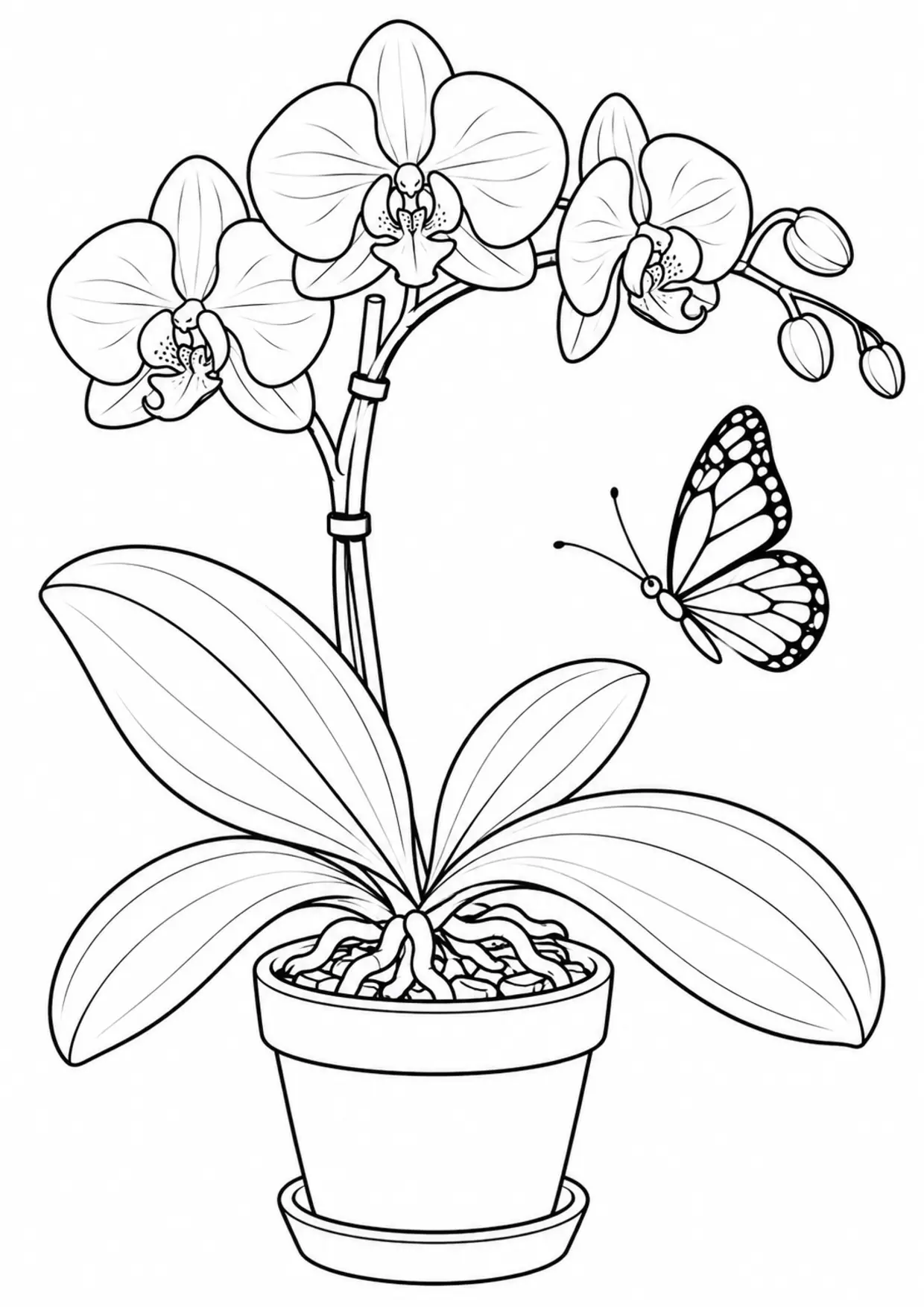 Coloriage orchidée : pot papillon, modèle 03