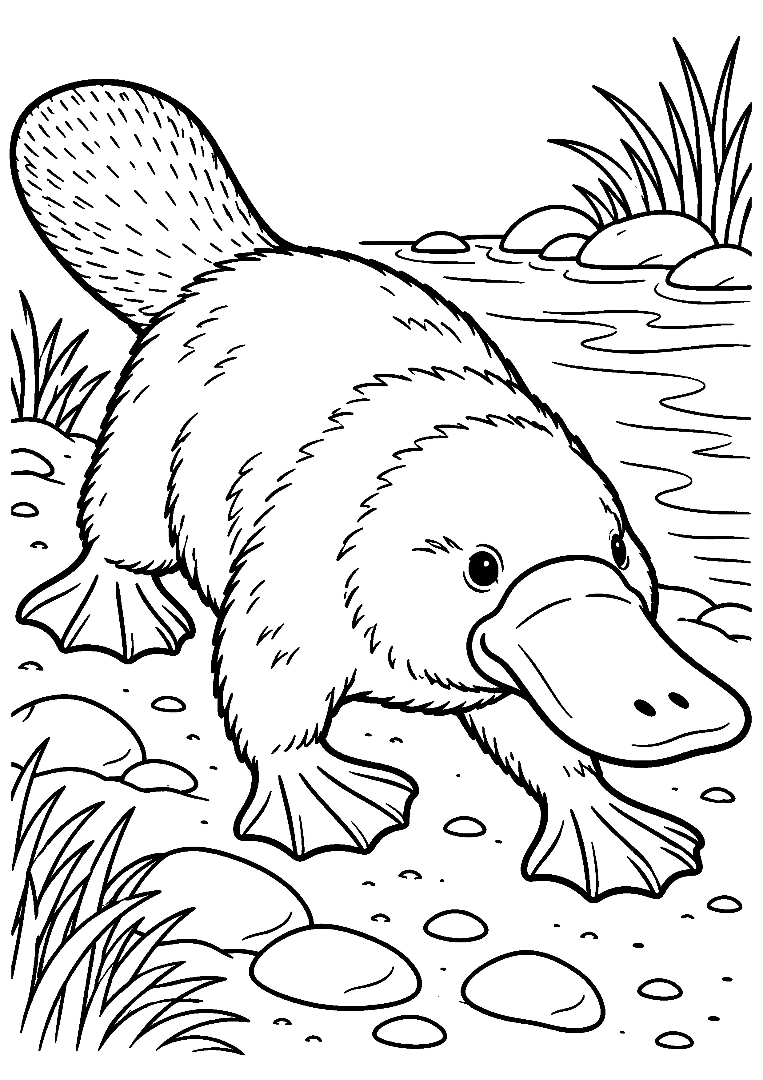 Coloriage ornithorynque explorant le fond d’un ruisseau à imprimer