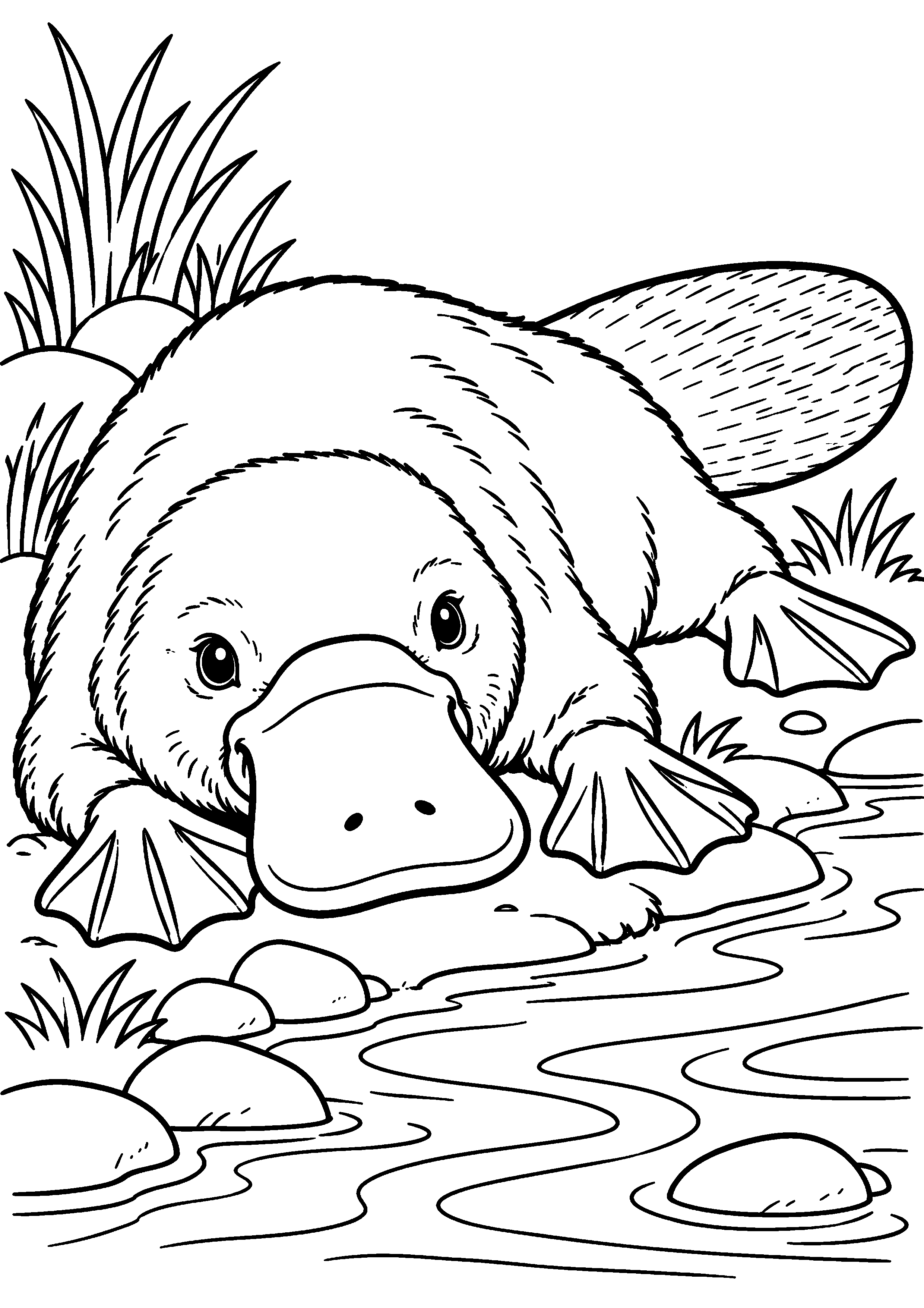 Grand coloriage d’un ornithorynque sortant de l’eau au bord d’un ruisseau, contours noirs nets sur fond blanc
