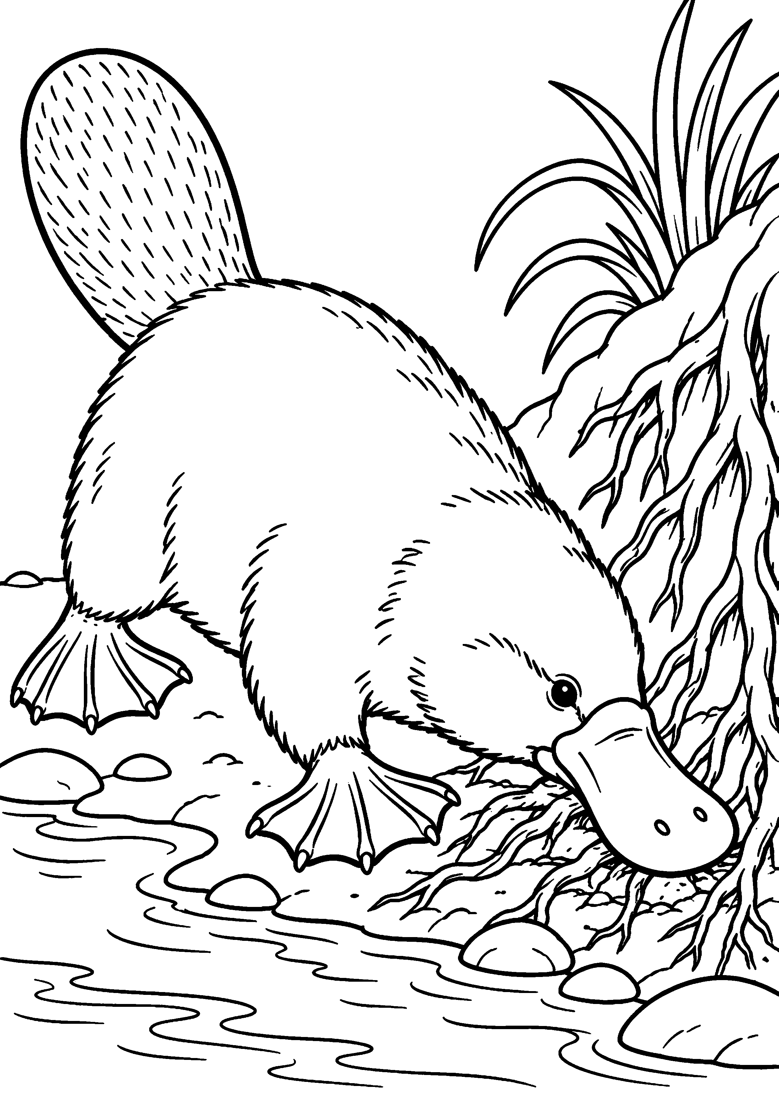 Grand coloriage d’un ornithorynque cherchant sa nourriture au bord de l’eau, contours noirs nets sur fond blanc