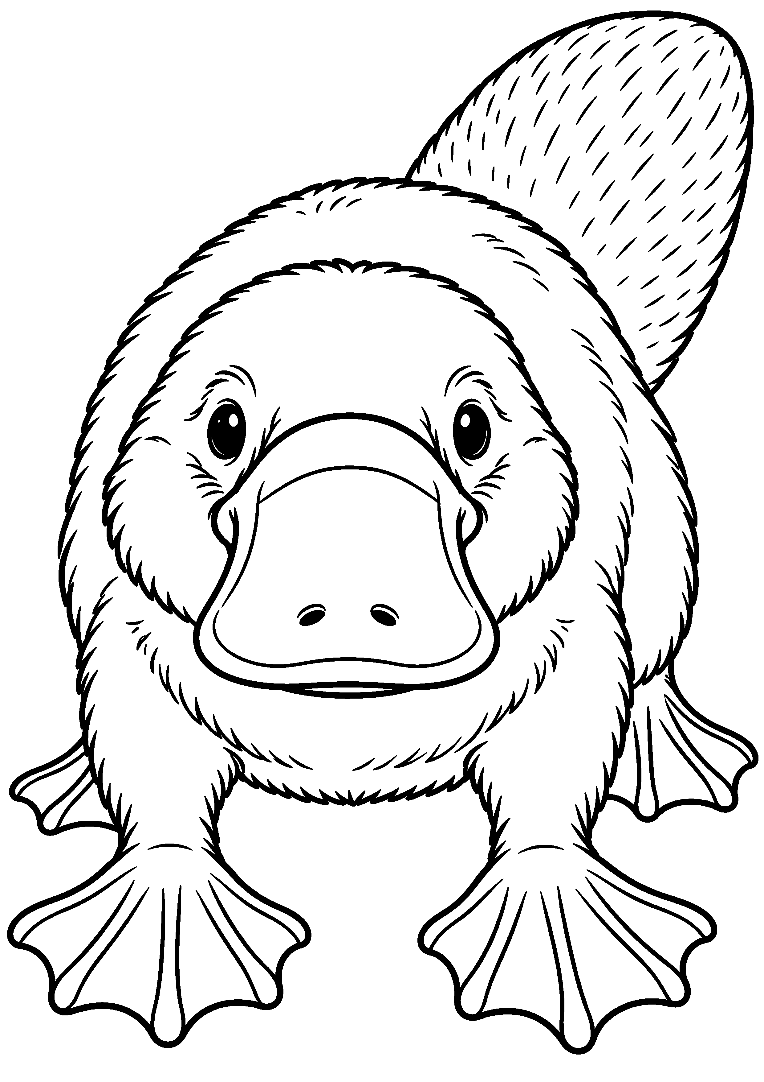 Grand coloriage d’un ornithorynque de face avec son grand bec et ses pattes palmées, contours noirs nets sur fond blanc