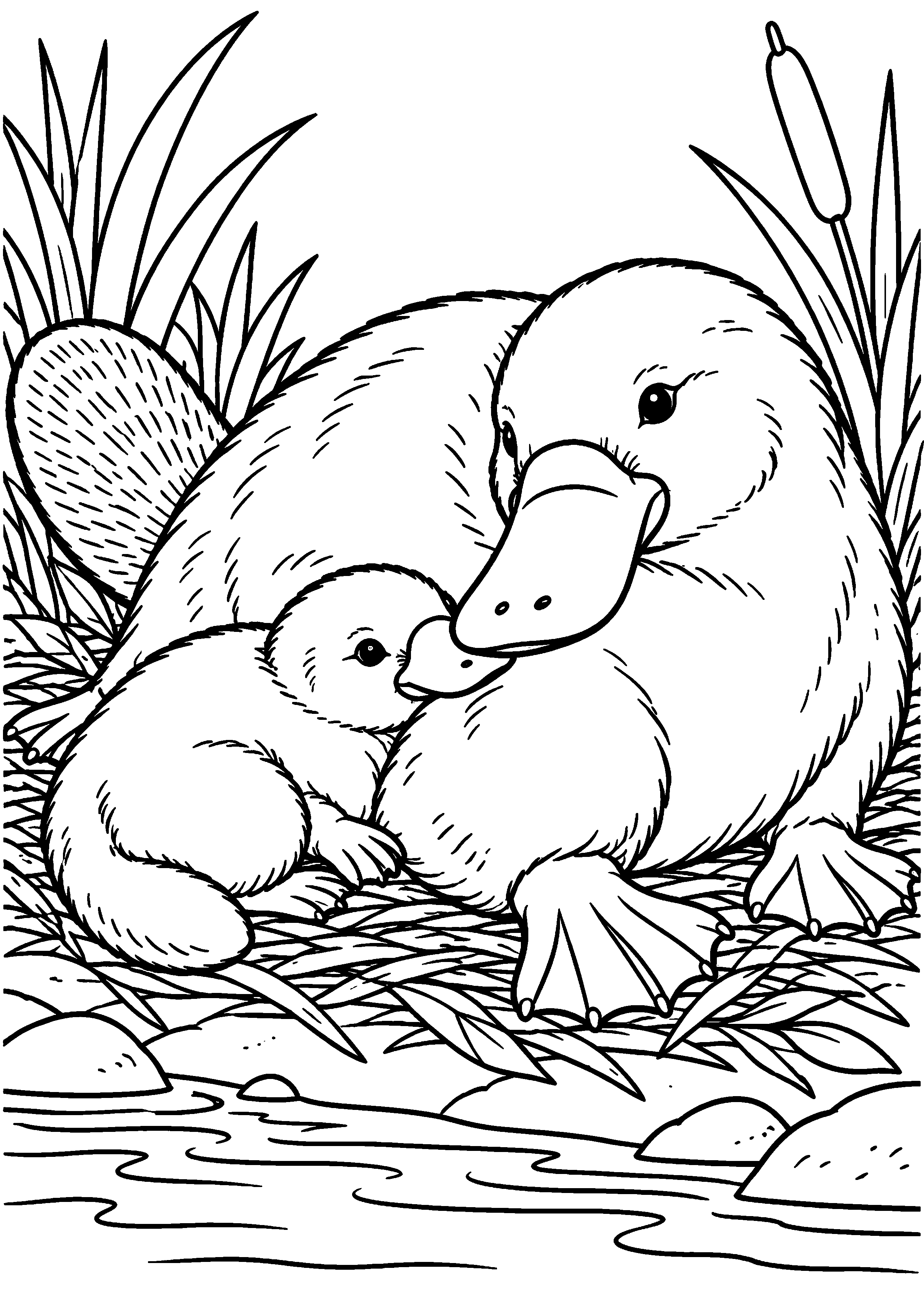 Grand coloriage d’un ornithorynque parent blotti avec son petit dans un nid, contours noirs nets sur fond blanc