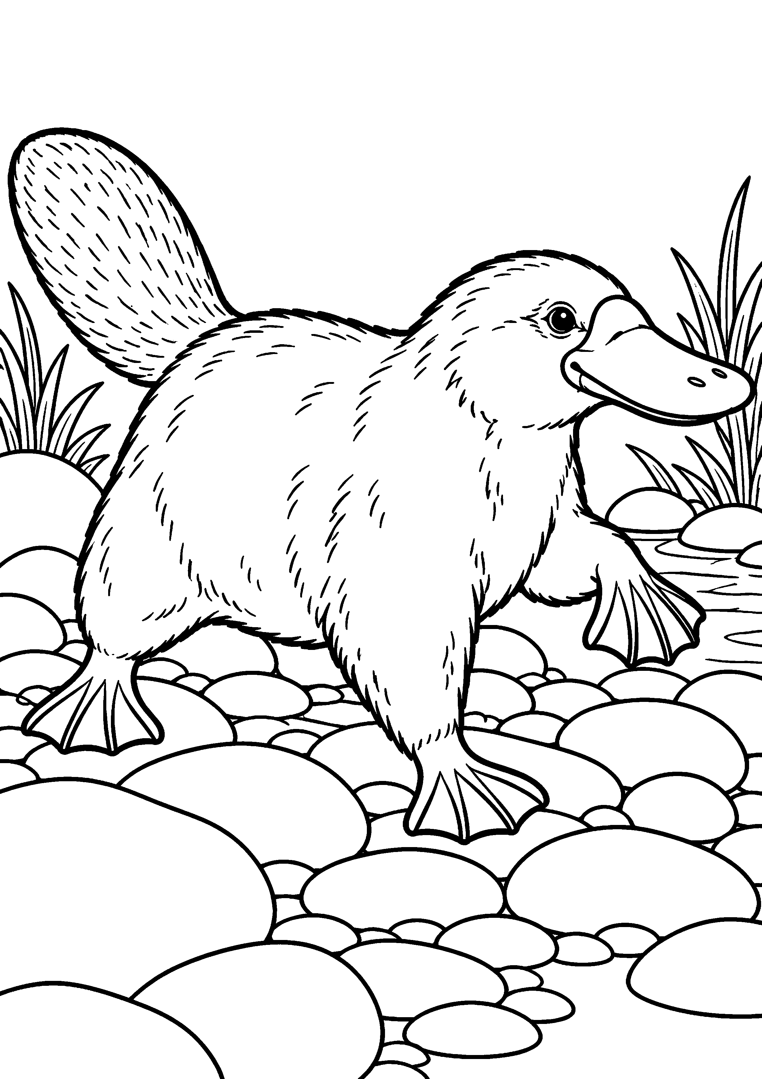 Grand coloriage d’un ornithorynque marchant sur de gros galets au bord de l’eau, contours noirs nets sur fond blanc