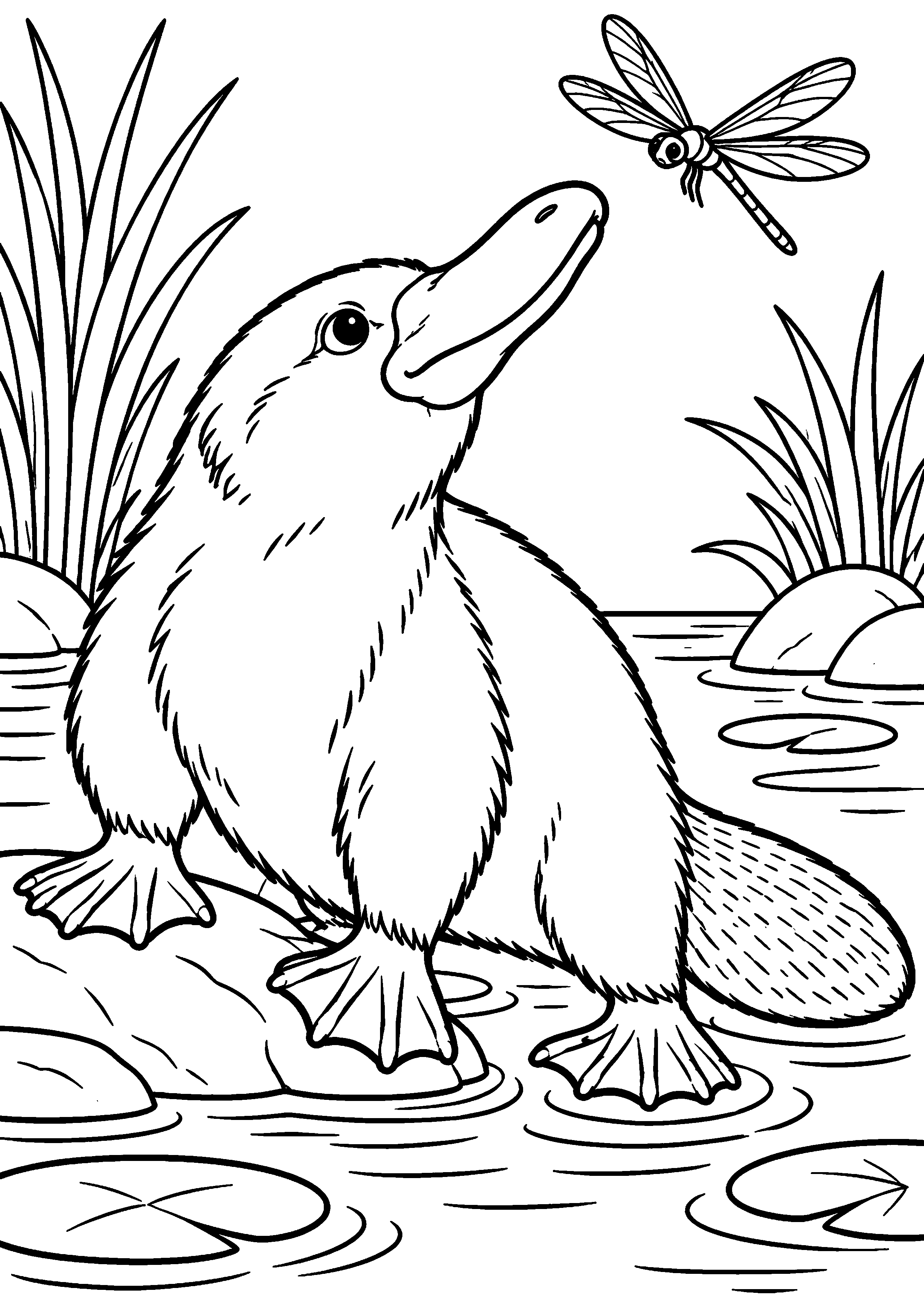 Grand coloriage d’un ornithorynque observant une libellule au-dessus du ruisseau, contours noirs nets sur fond blanc