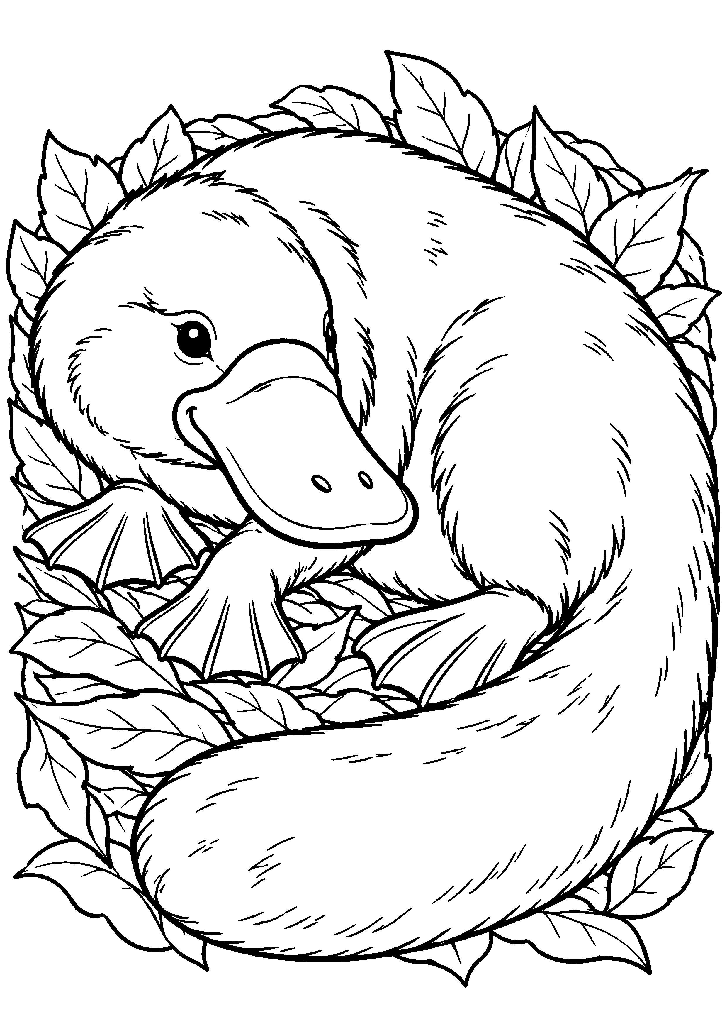 Grand coloriage d’un ornithorynque endormi en boule dans un nid de feuilles, contours noirs nets sur fond blanc