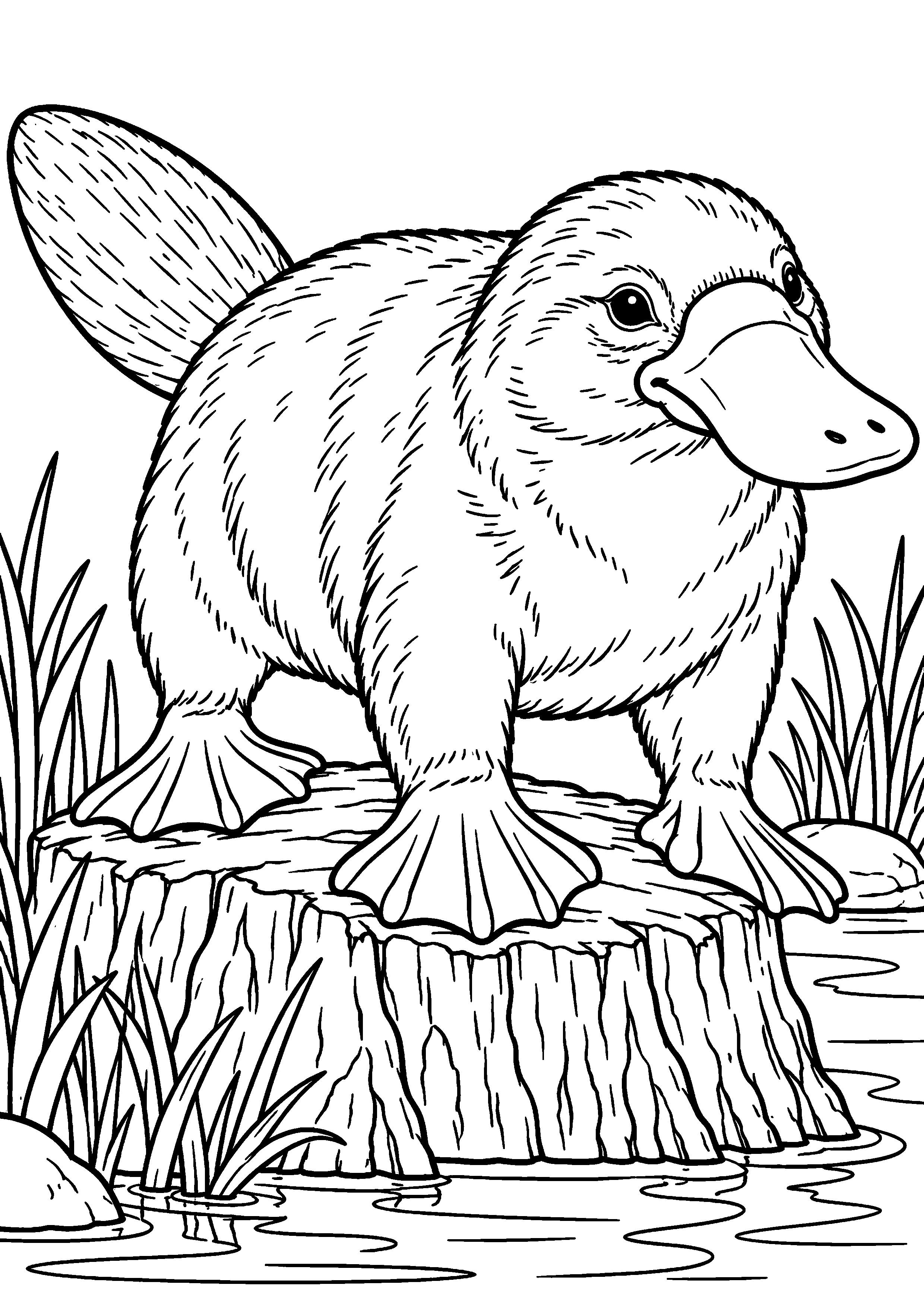 Grand coloriage d’un ornithorynque debout sur une souche au bord des roseaux, contours noirs nets sur fond blanc