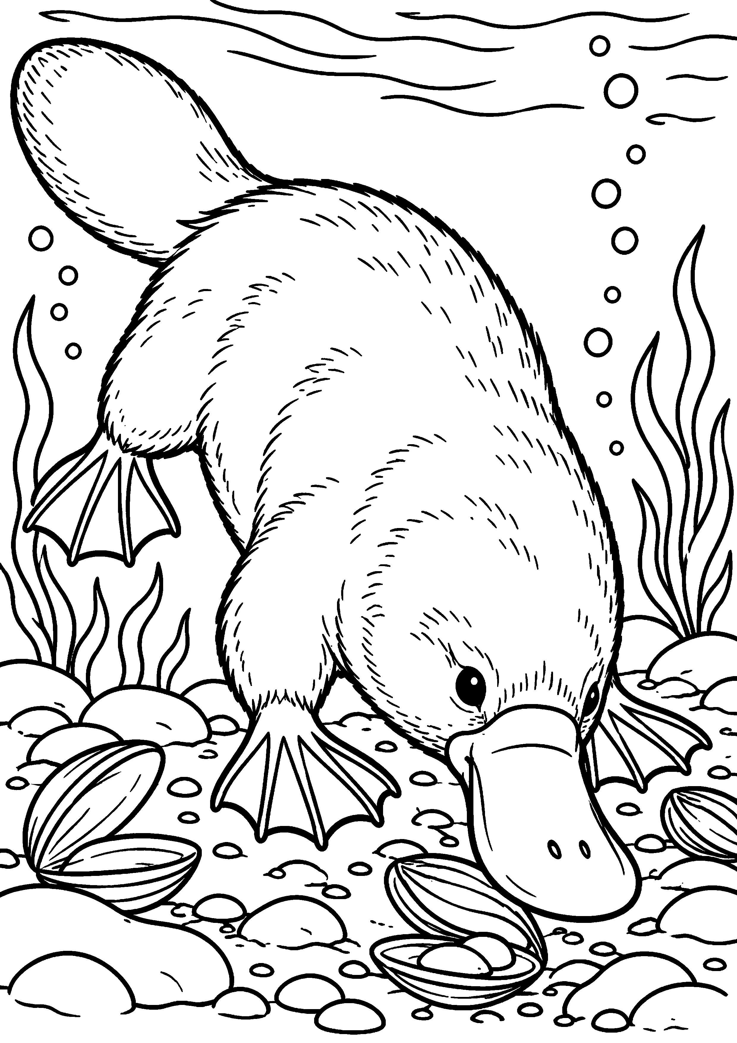 Grand coloriage d’un ornithorynque cherchant des coquillages parmi les galets, contours noirs nets sur fond blanc