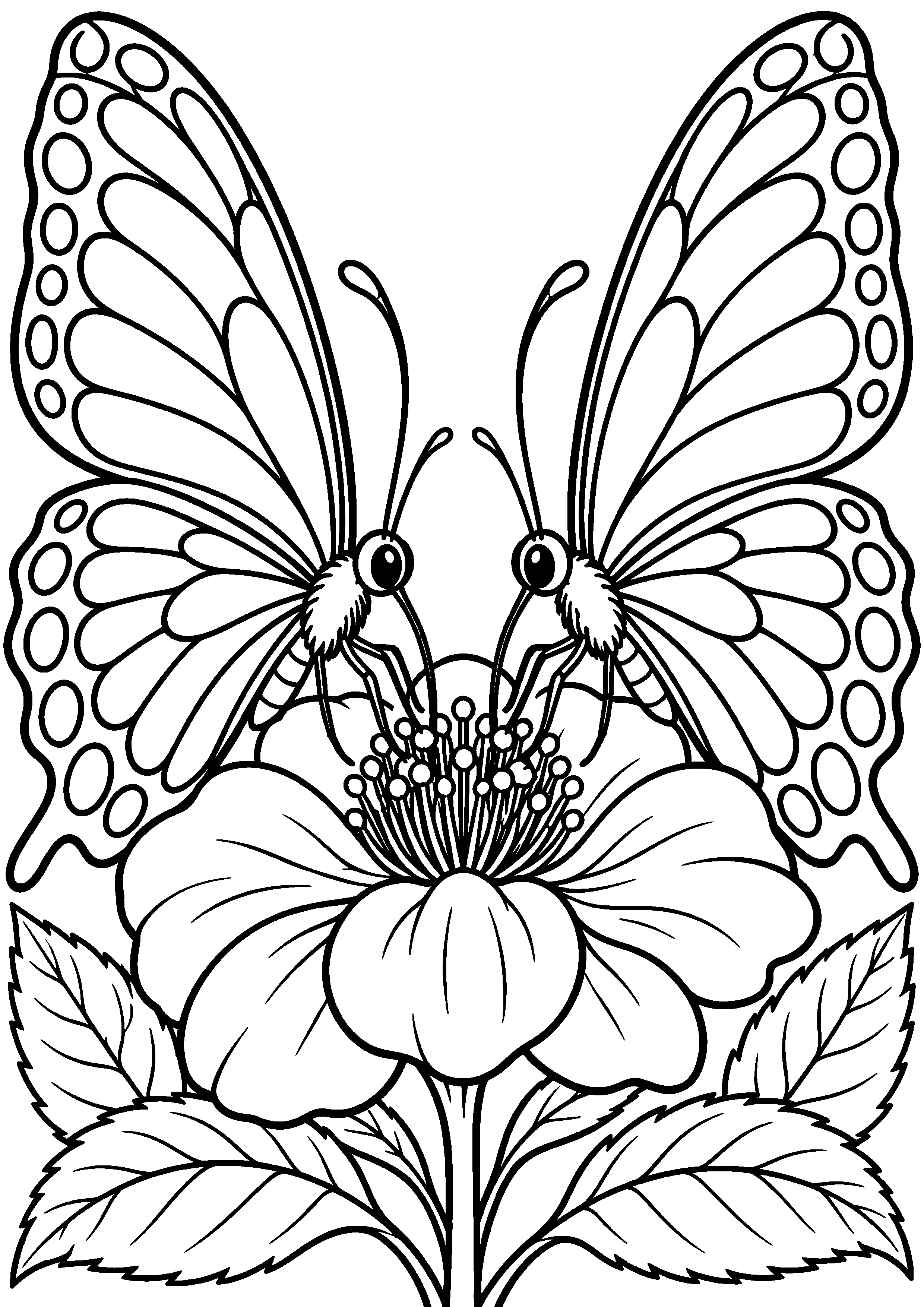 Coloriage en noir et blanc représentant deux grands papillons se faisant face autour d'une fleur, en grand format A4