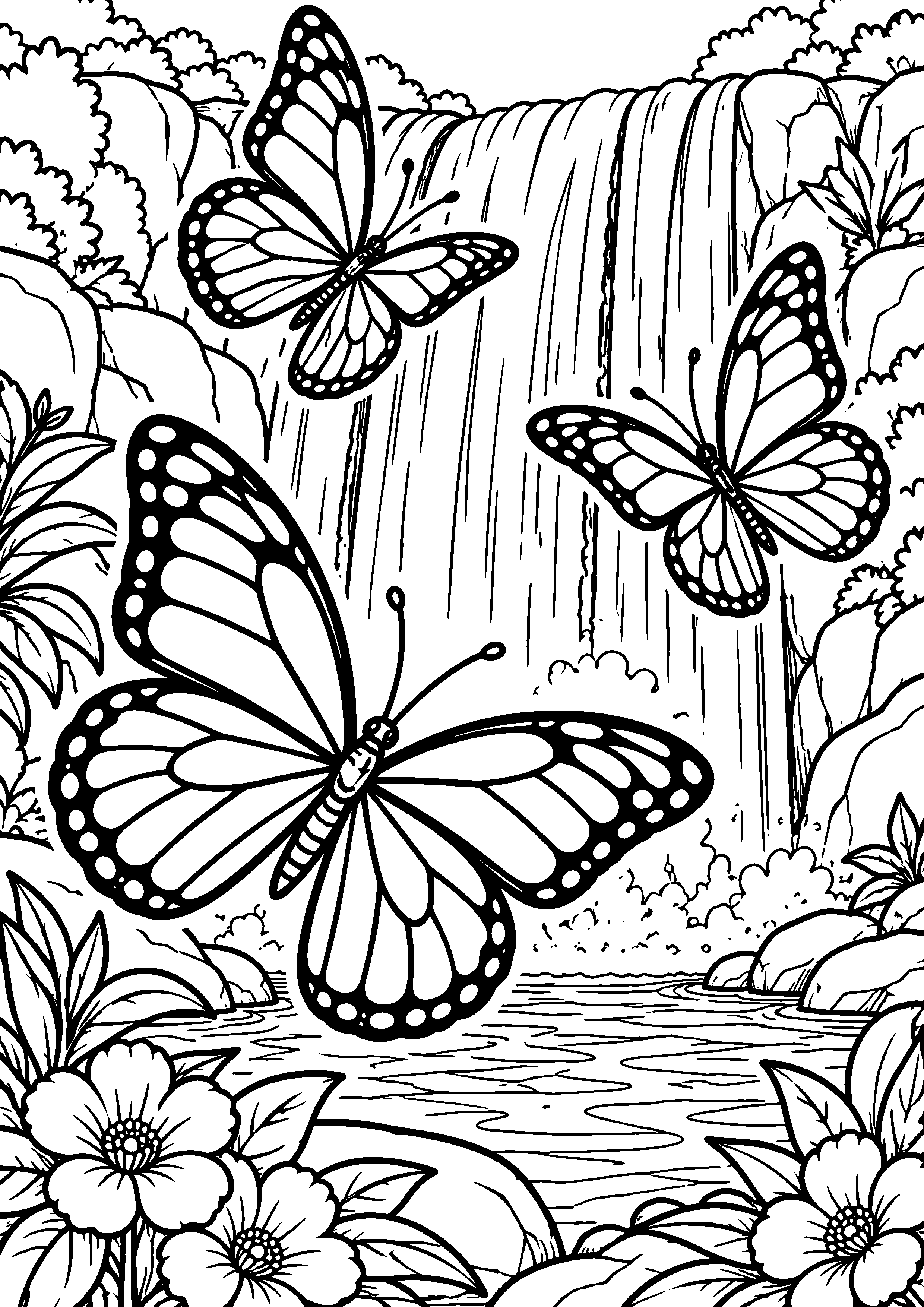 Coloriage en noir et blanc représentant envol de trois papillons devant une cascade, en grand format A4
