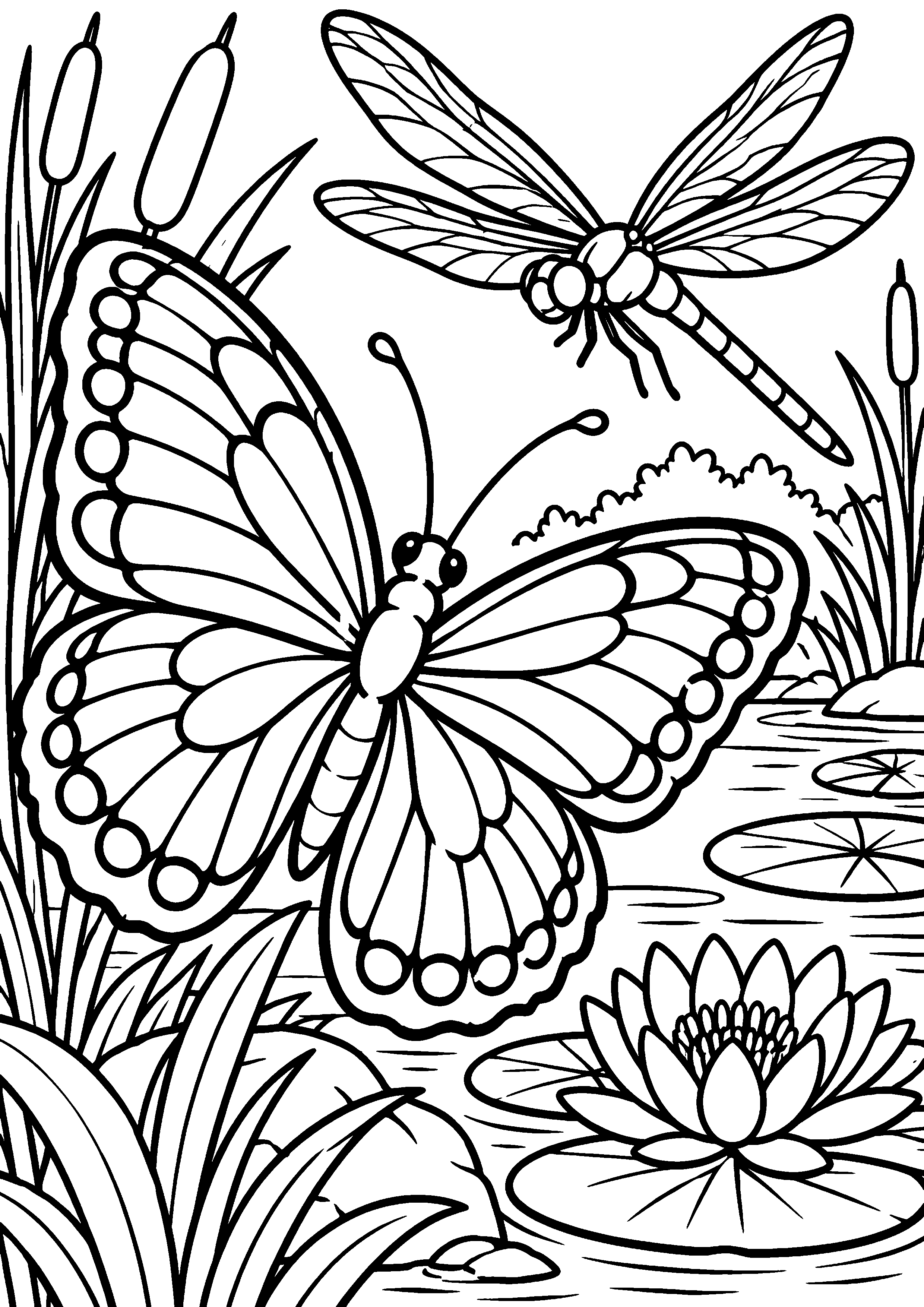 Coloriage en noir et blanc représentant papillon accompagné d'une libellule près d'un étang, en grand format A4
