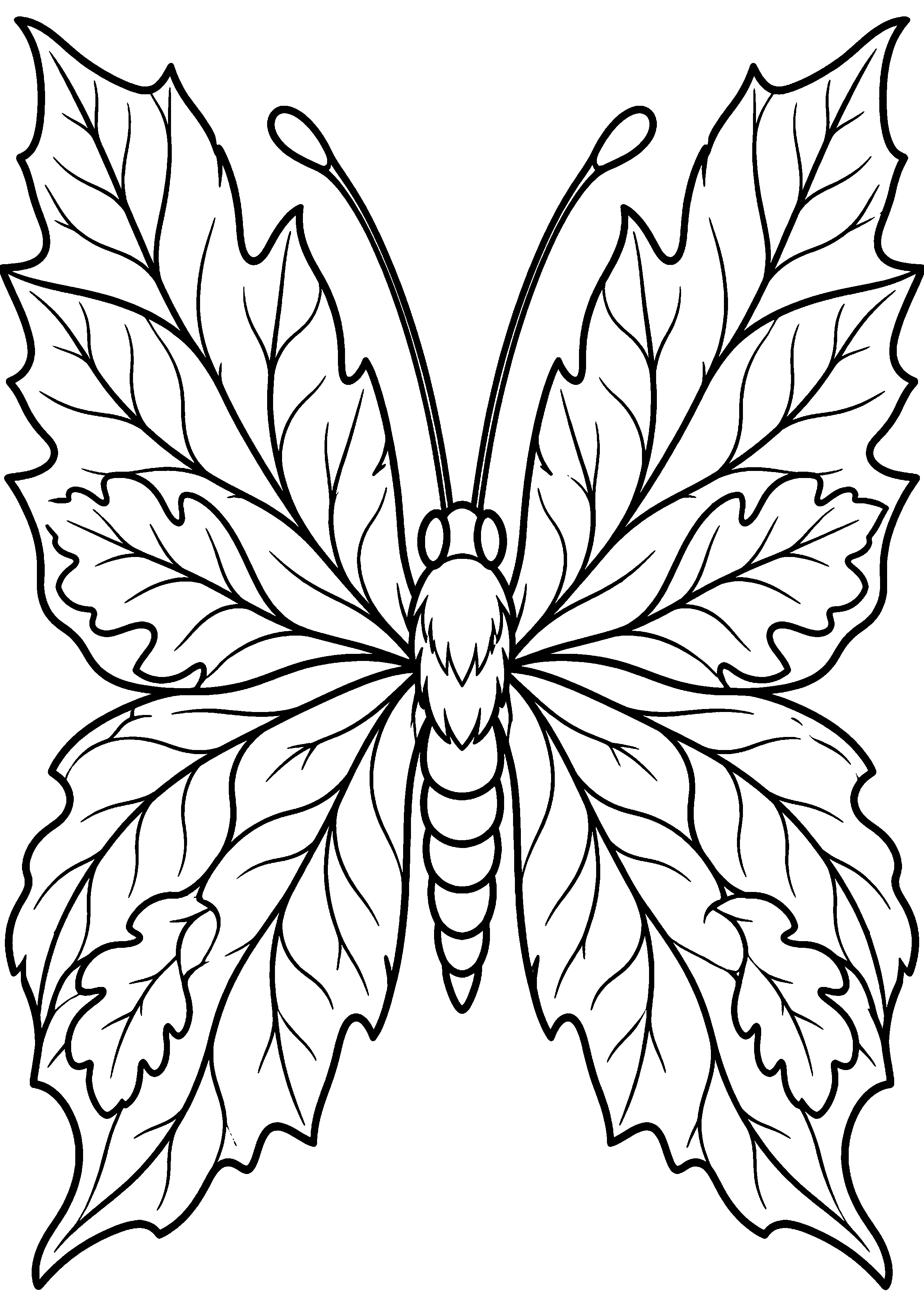 Coloriage en noir et blanc représentant papillon aux ailes inspirées de feuilles d'automne, en grand format A4