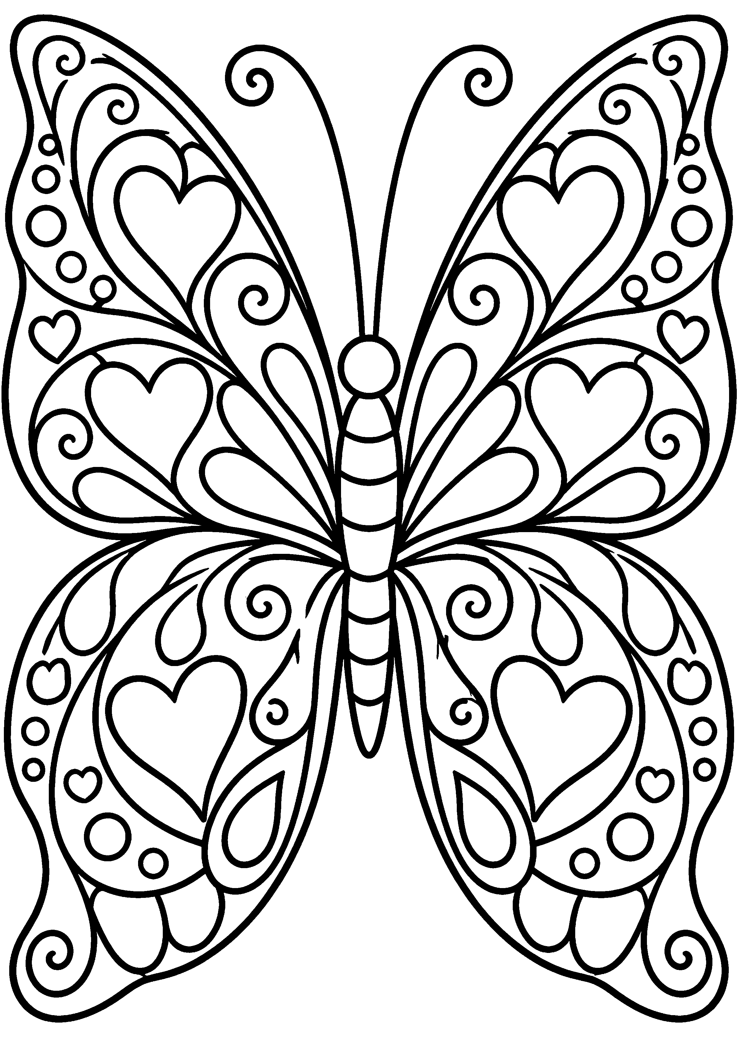Coloriage en noir et blanc représentant papillon aux ailes ornées de cœurs et d'arabesques, en grand format A4