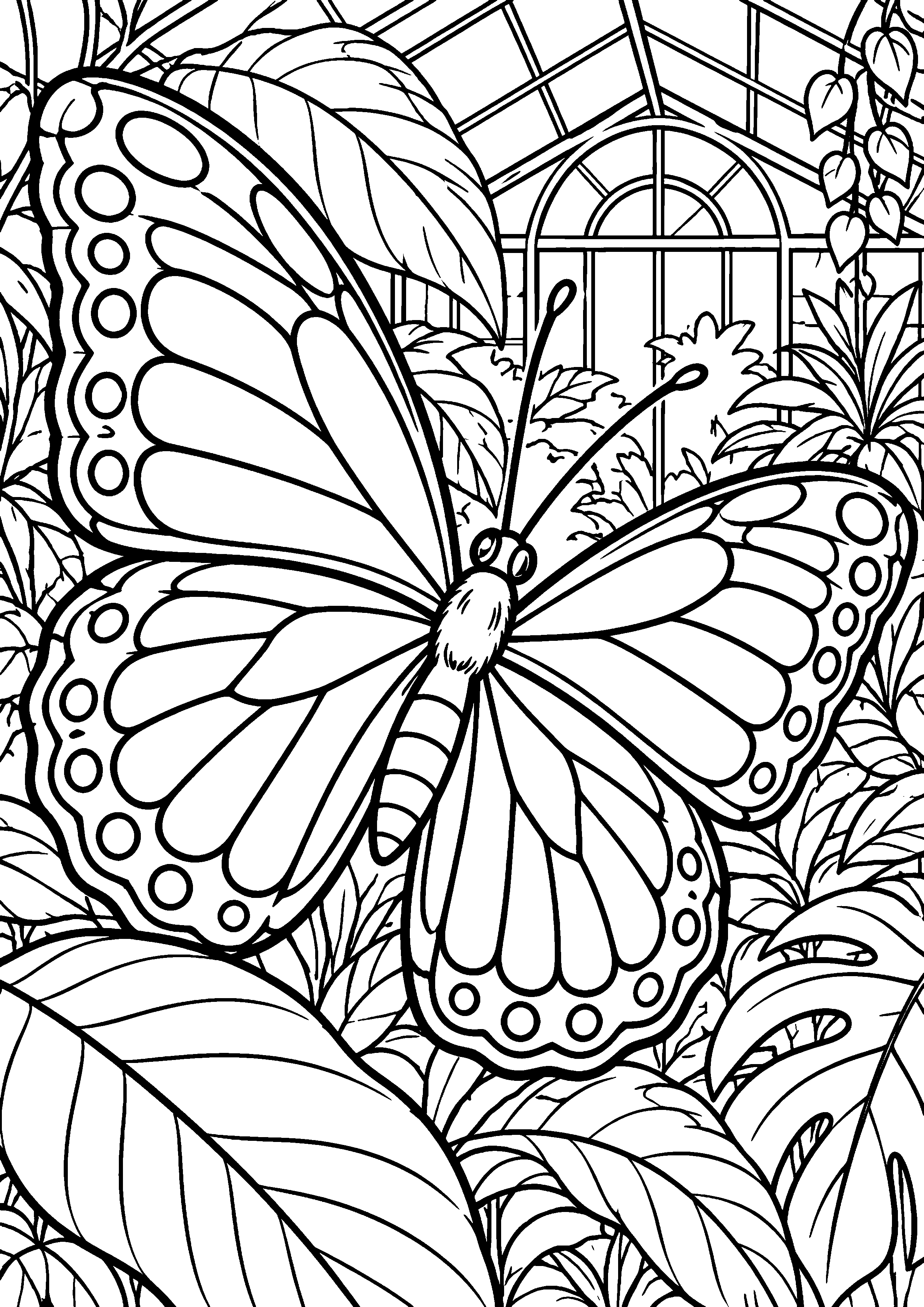 Coloriage en noir et blanc représentant papillon dans une serre remplie de grandes feuilles, en grand format A4
