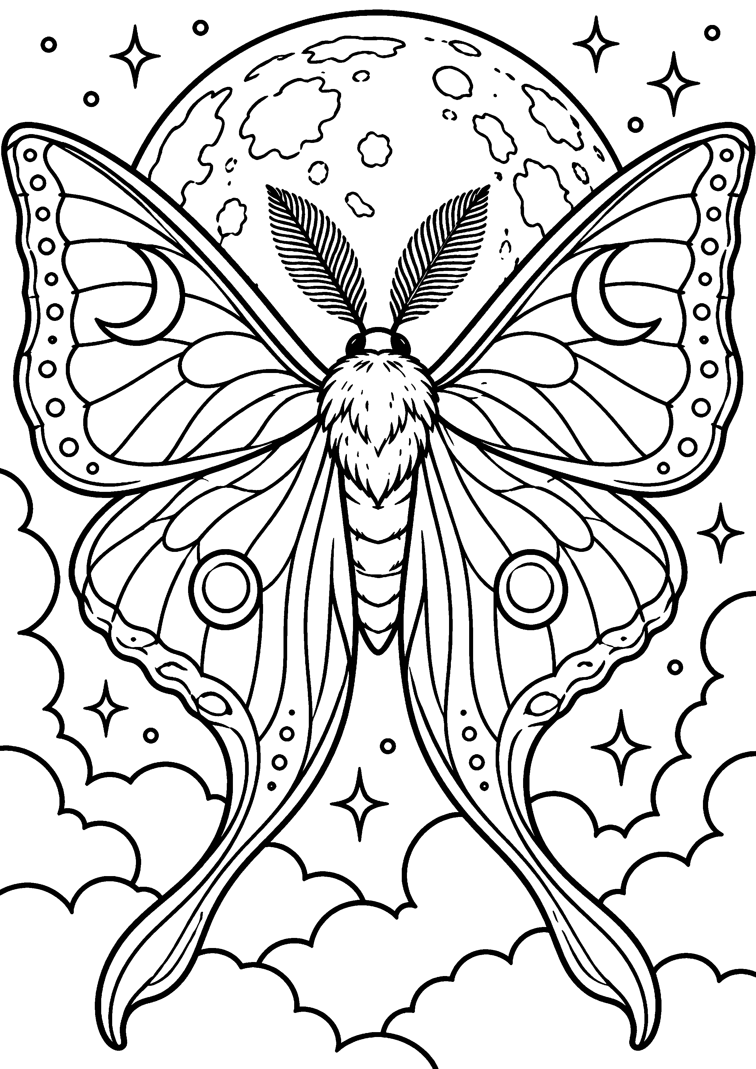 Coloriage en noir et blanc représentant papillon de nuit générique aux ailes décoratives devant la lune, en grand format A4