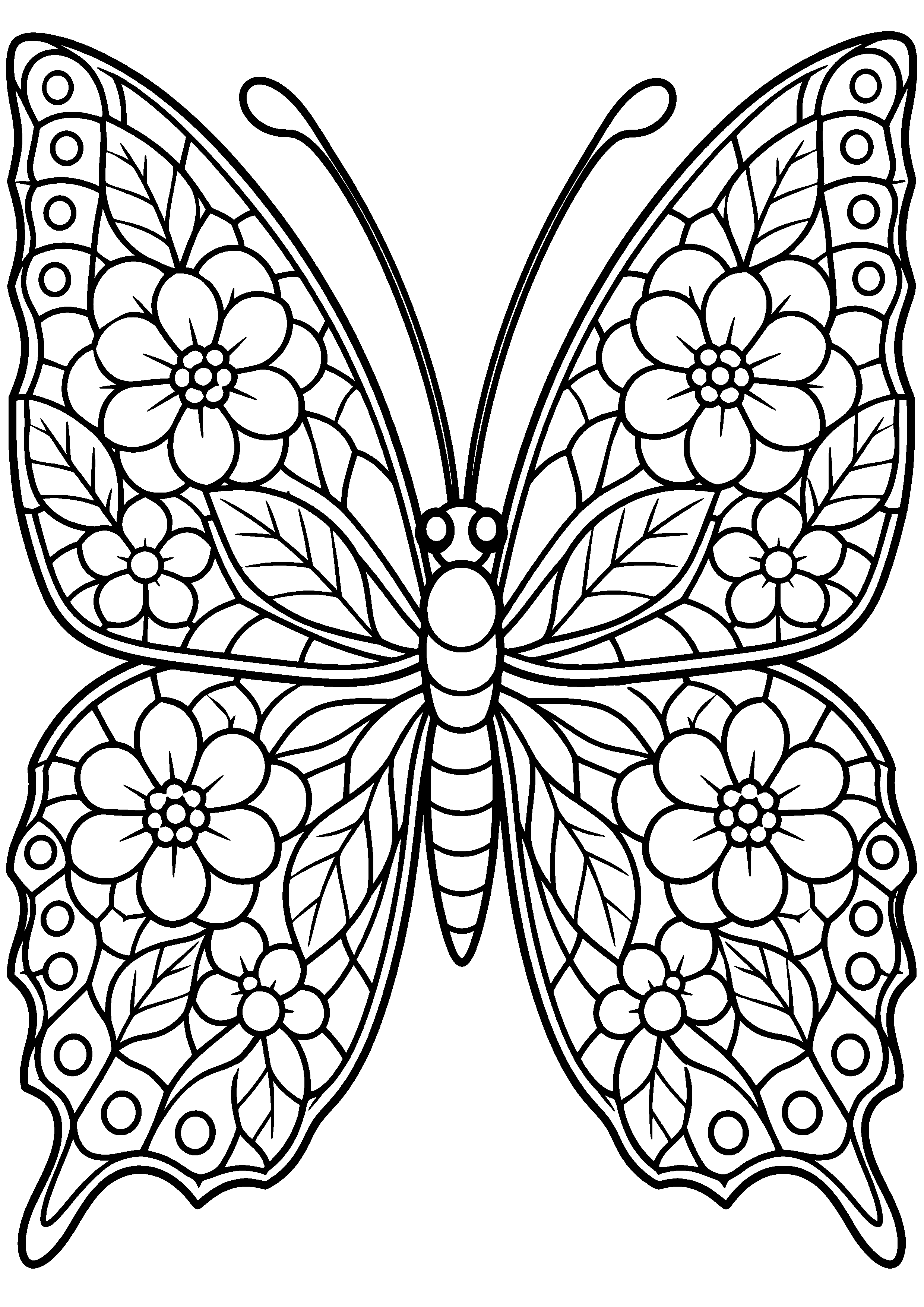 Coloriage en noir et blanc représentant papillon détaillé aux ailes en mosaïque florale, en grand format A4