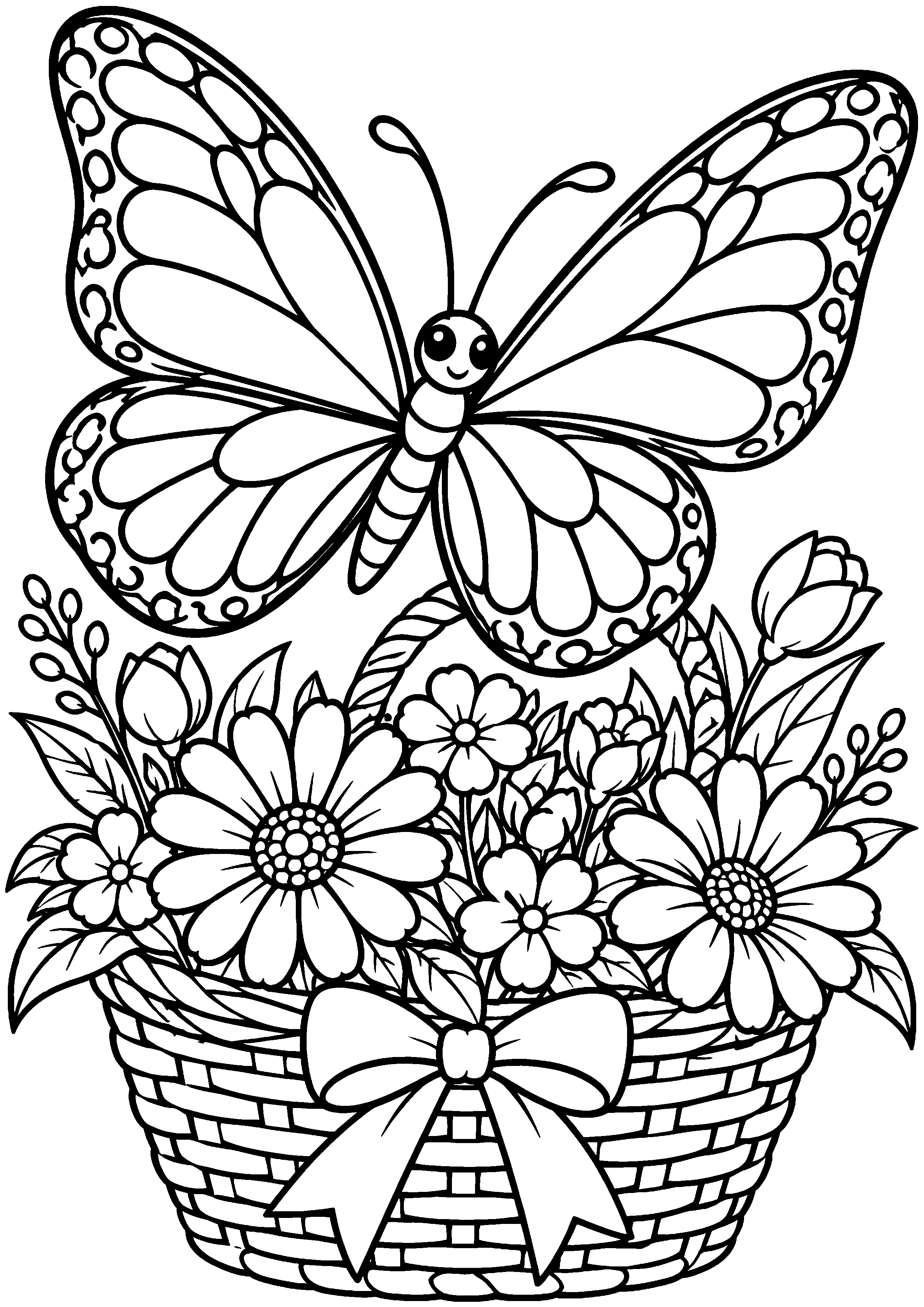 Coloriage en noir et blanc représentant papillon estival au-dessus d'un panier de fleurs, en grand format A4