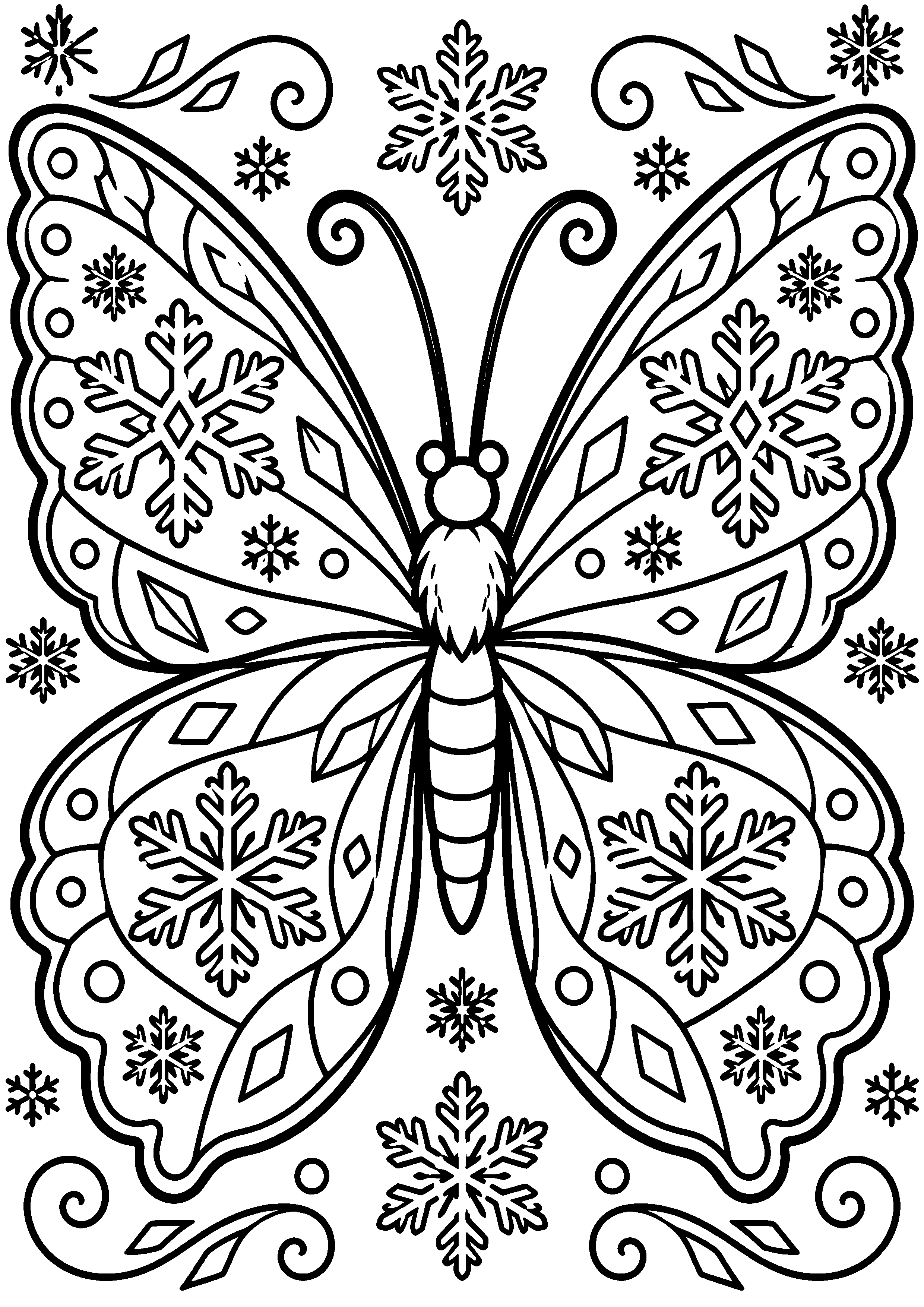 Coloriage en noir et blanc représentant papillon hivernal aux motifs de flocons, en grand format A4