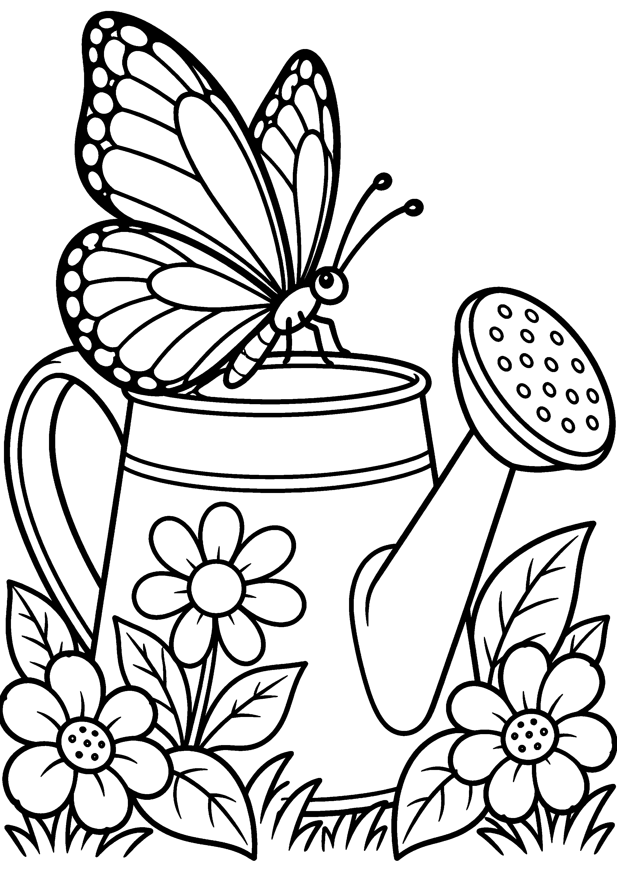 Coloriage en noir et blanc représentant papillon posé sur un arrosoir de jardin, en grand format A4