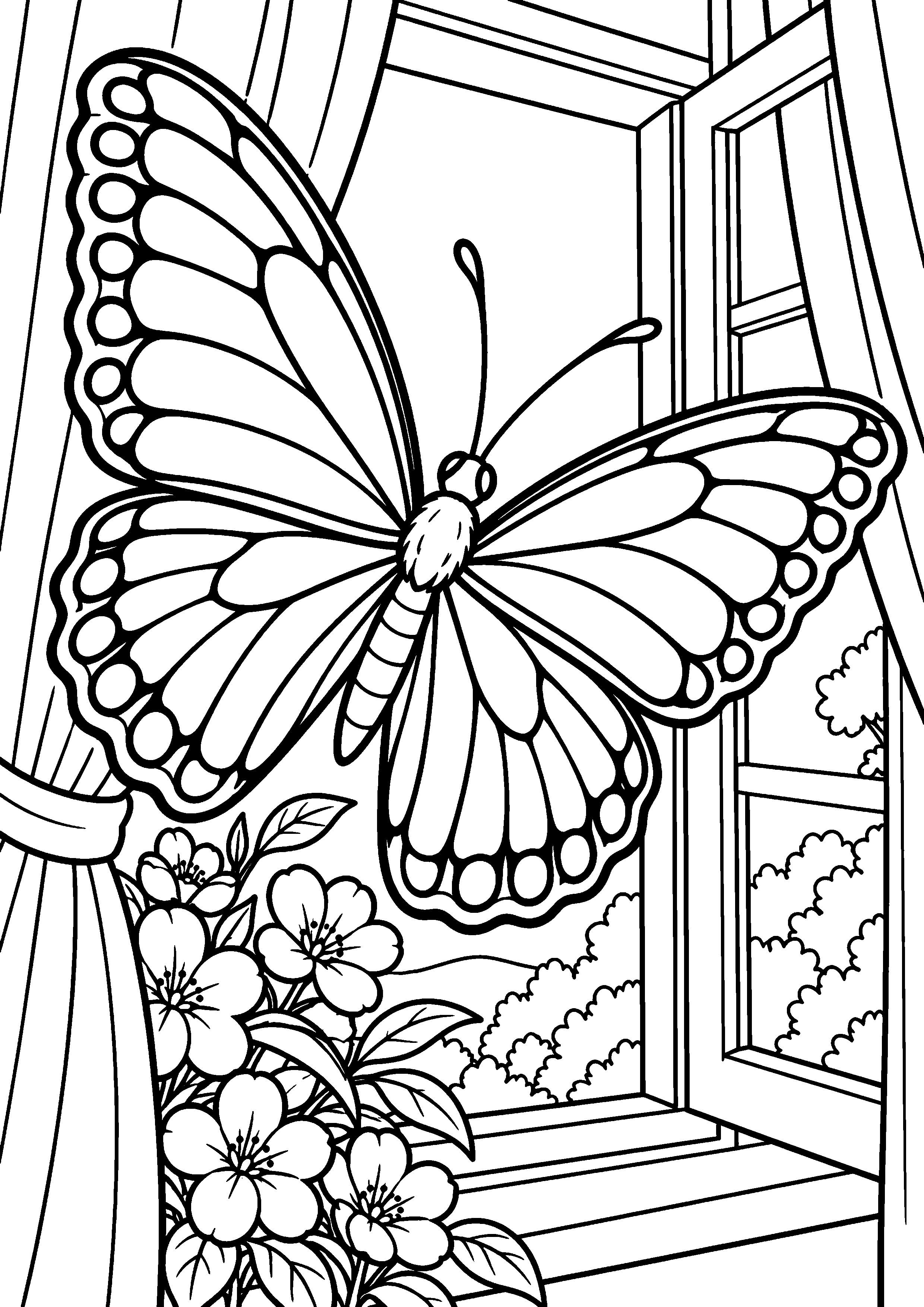 Coloriage en noir et blanc représentant papillon près d'une fenêtre ouverte et de rideaux, en grand format A4