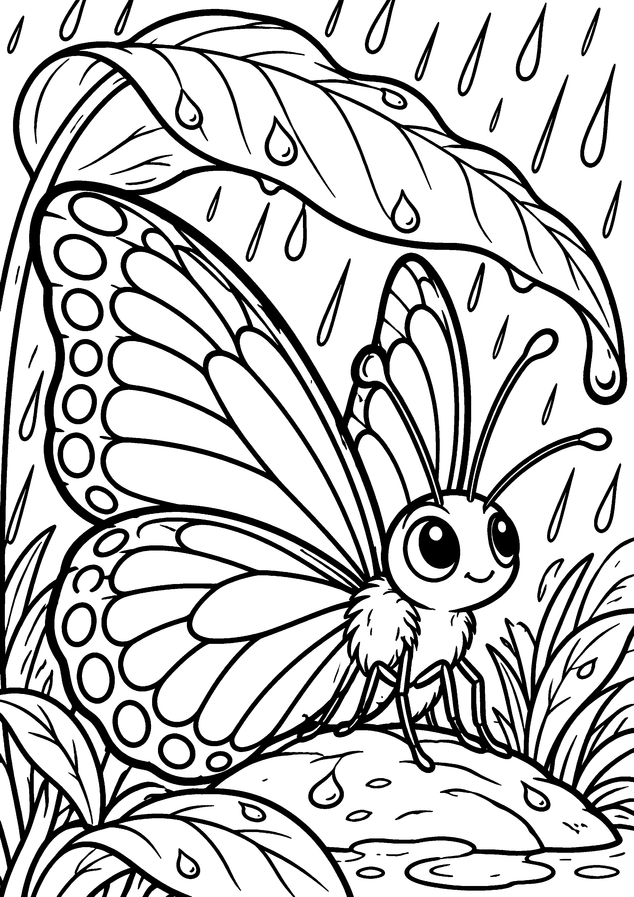 Coloriage en noir et blanc représentant papillon sous une pluie légère abrité par une feuille, en grand format A4