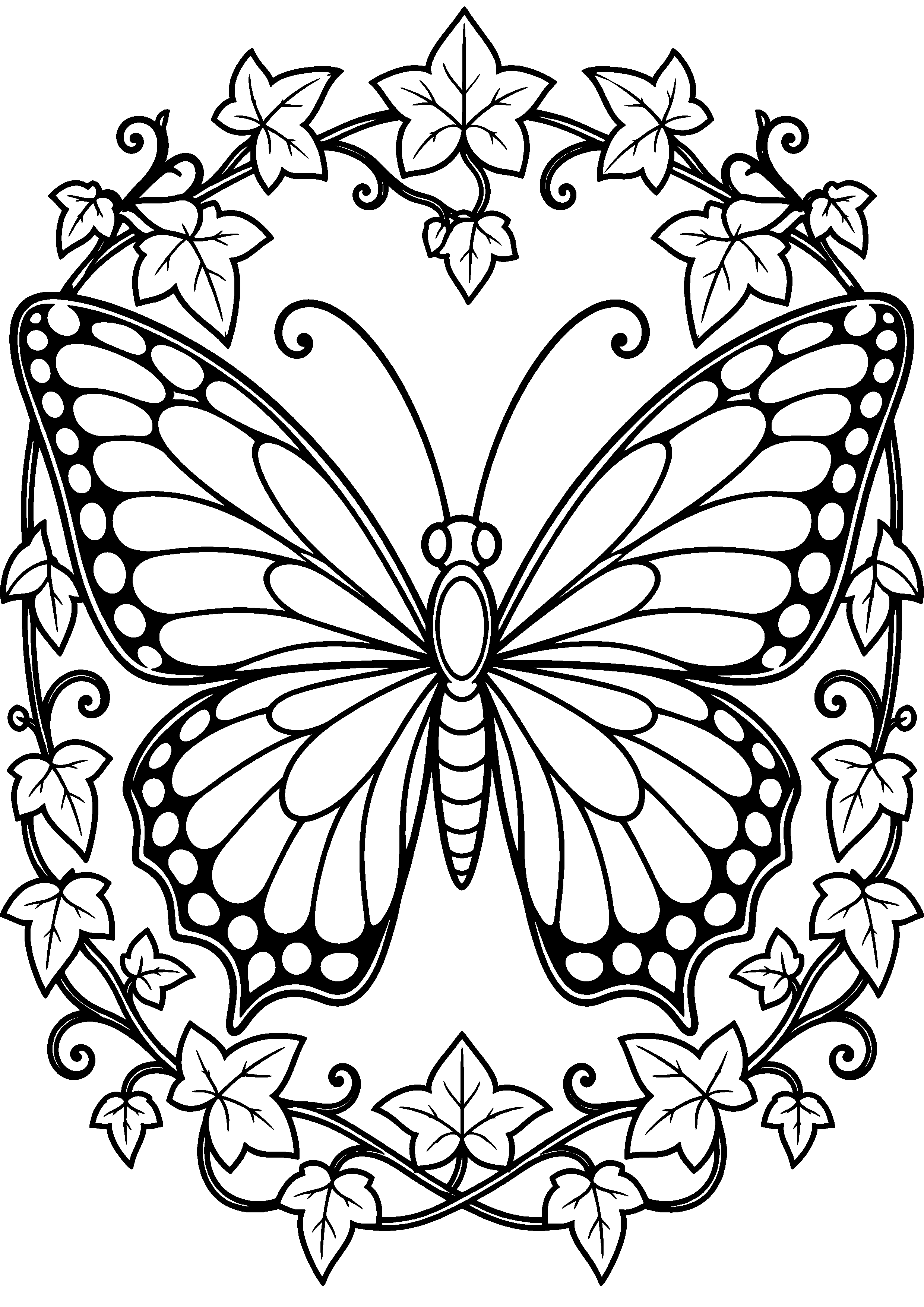 Coloriage en noir et blanc représentant papillon symétrique entouré d'une couronne de lierre, en grand format A4