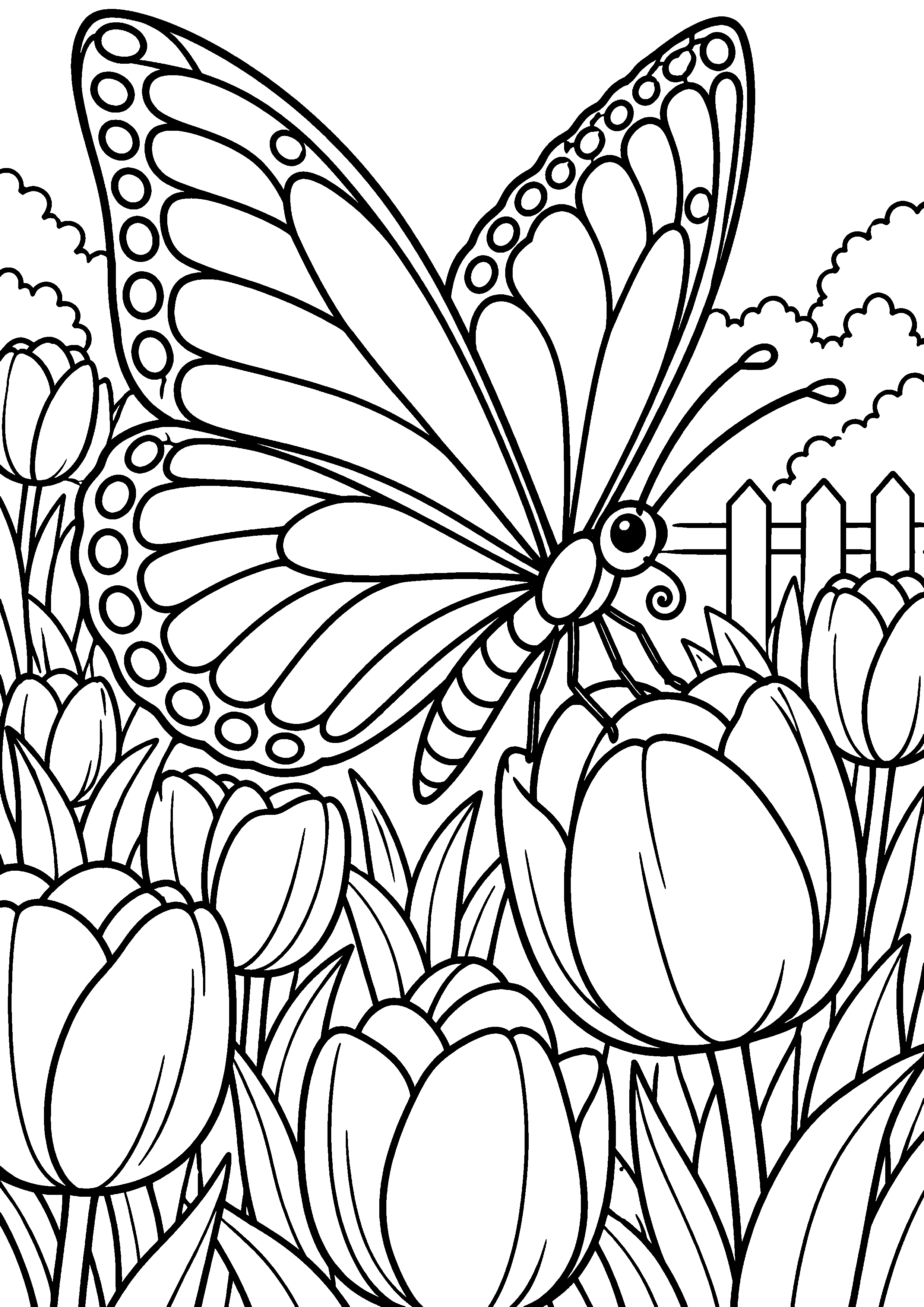Coloriage en noir et blanc représentant papillon traversant un jardin de tulipes, en grand format A4