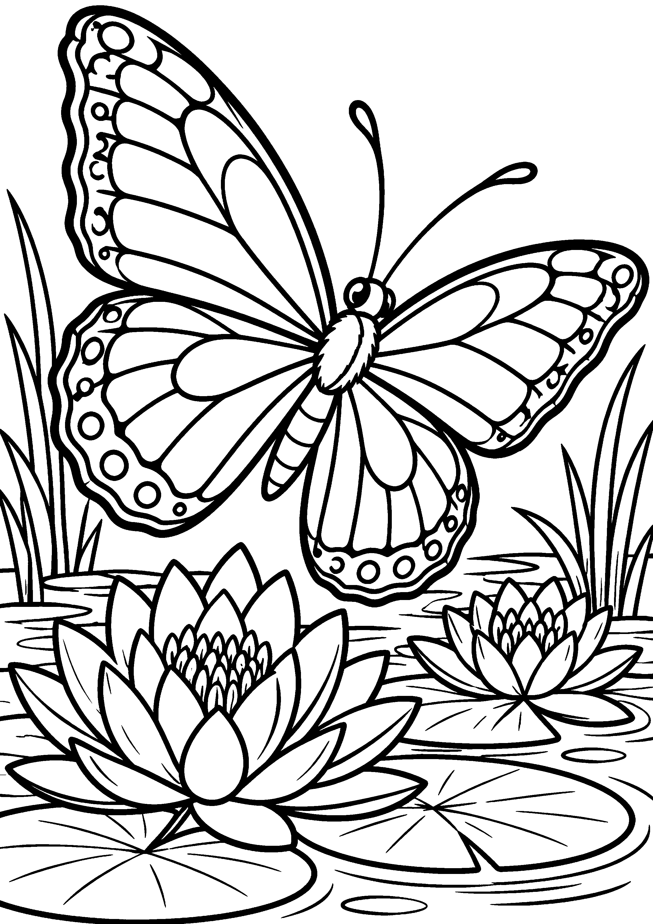 Coloriage en noir et blanc représentant papillon volant au-dessus de nénuphars, en grand format A4