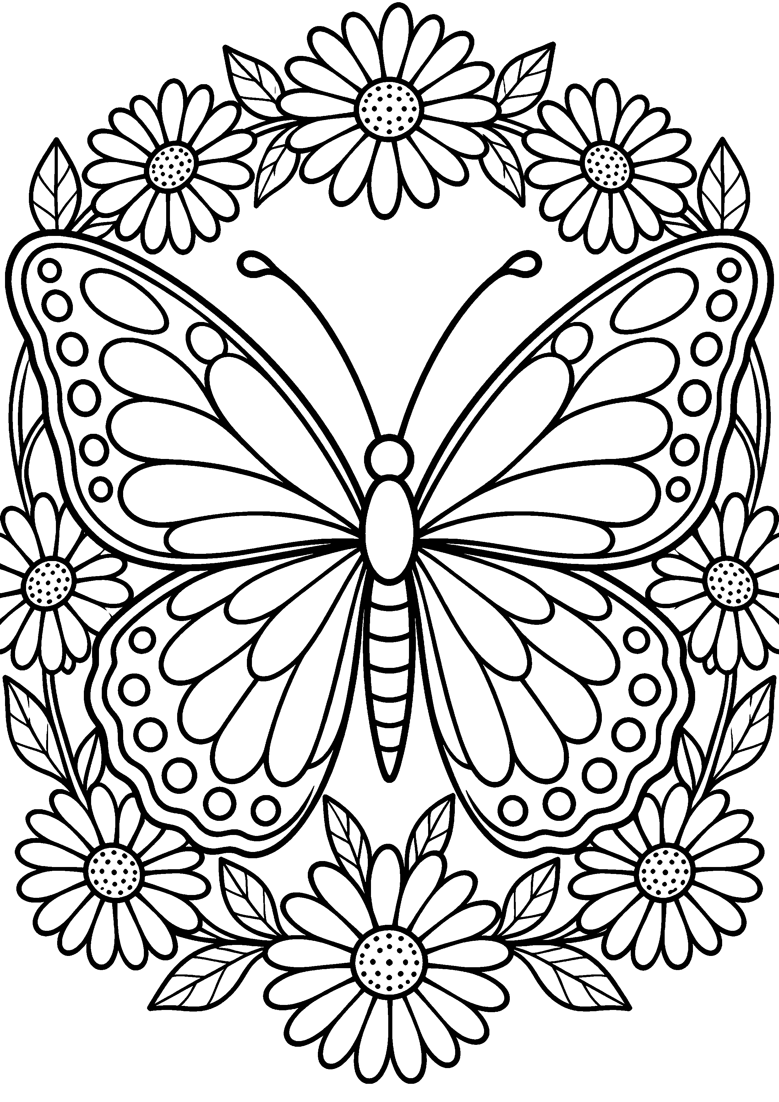 Coloriage en noir et blanc représentant papillon vu de dessus au milieu d'un cercle de marguerites, en grand format A4