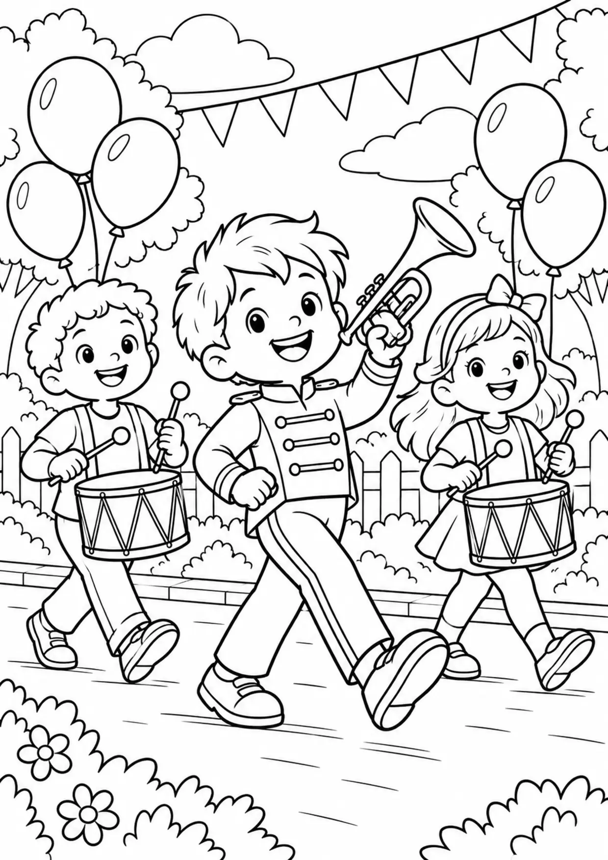Coloriage trompette : parade enfant à imprimer montrant parade enfant, dessin noir et blanc