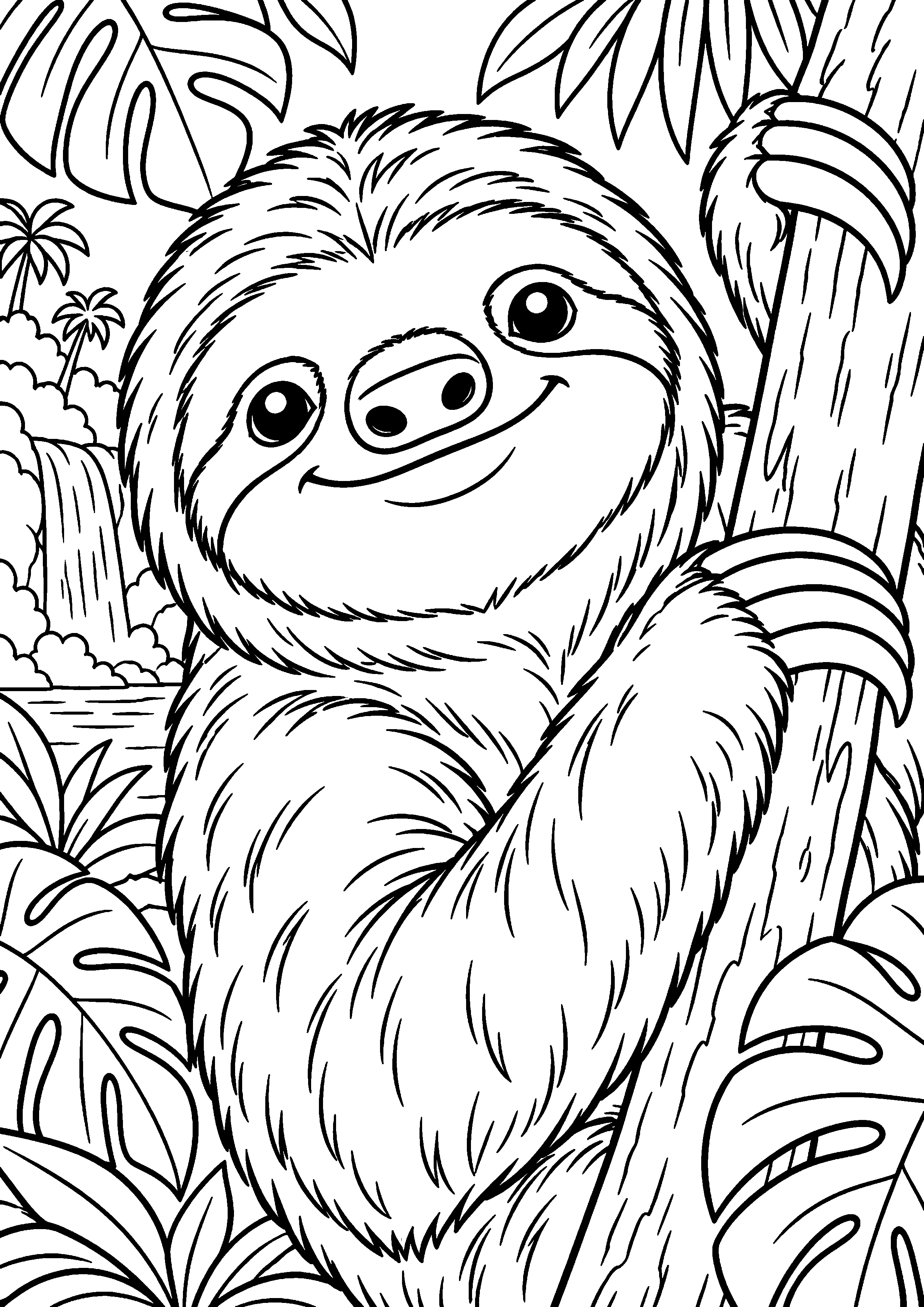 Grand coloriage d’un paresseux de profil marchant dans son habitat, contours noirs nets sur fond blanc