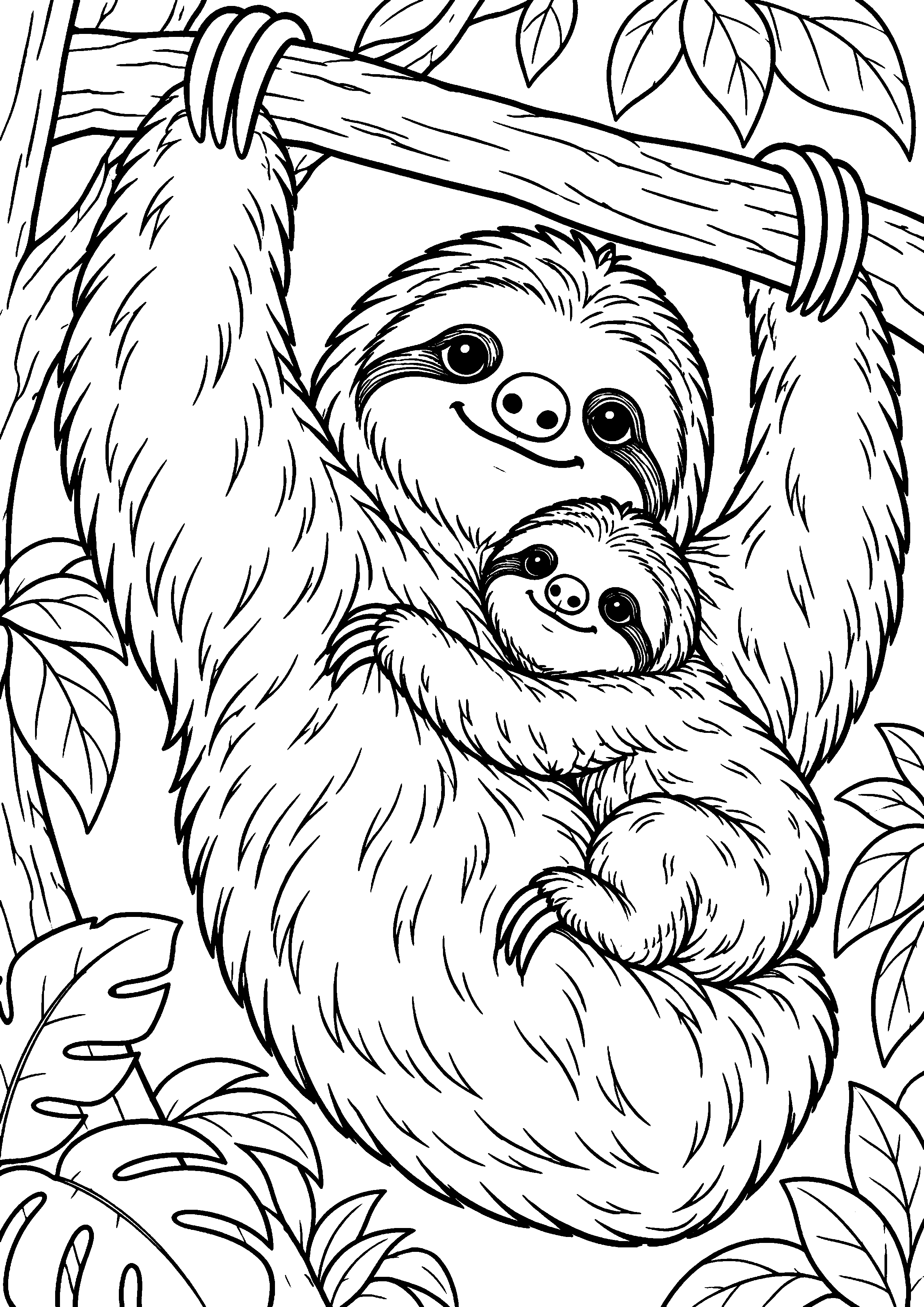 Grand coloriage d’un paresseux assis sur une large souche, contours noirs nets sur fond blanc