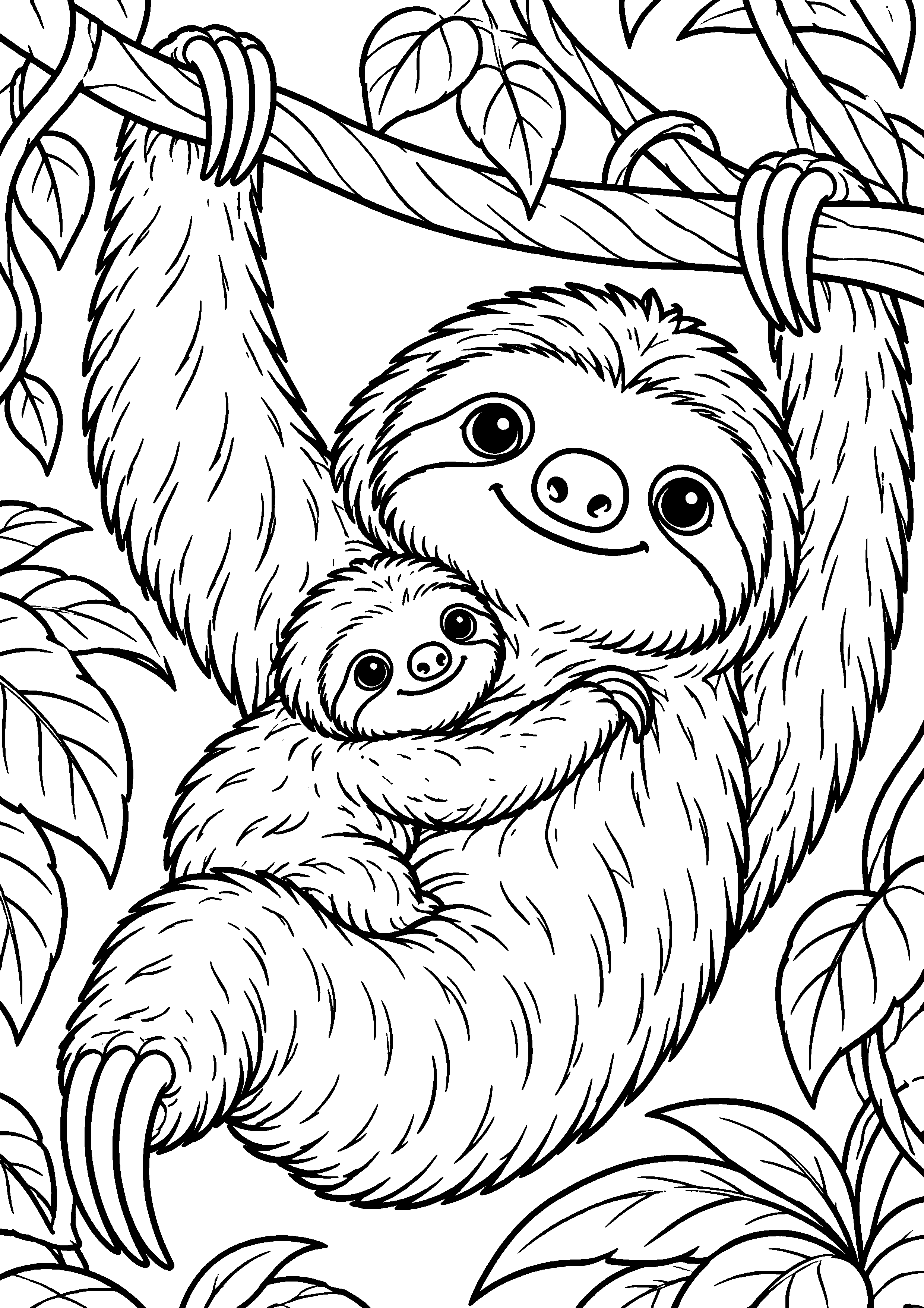 Grand coloriage d’un paresseux bébé découvrant une grande feuille, contours noirs nets sur fond blanc