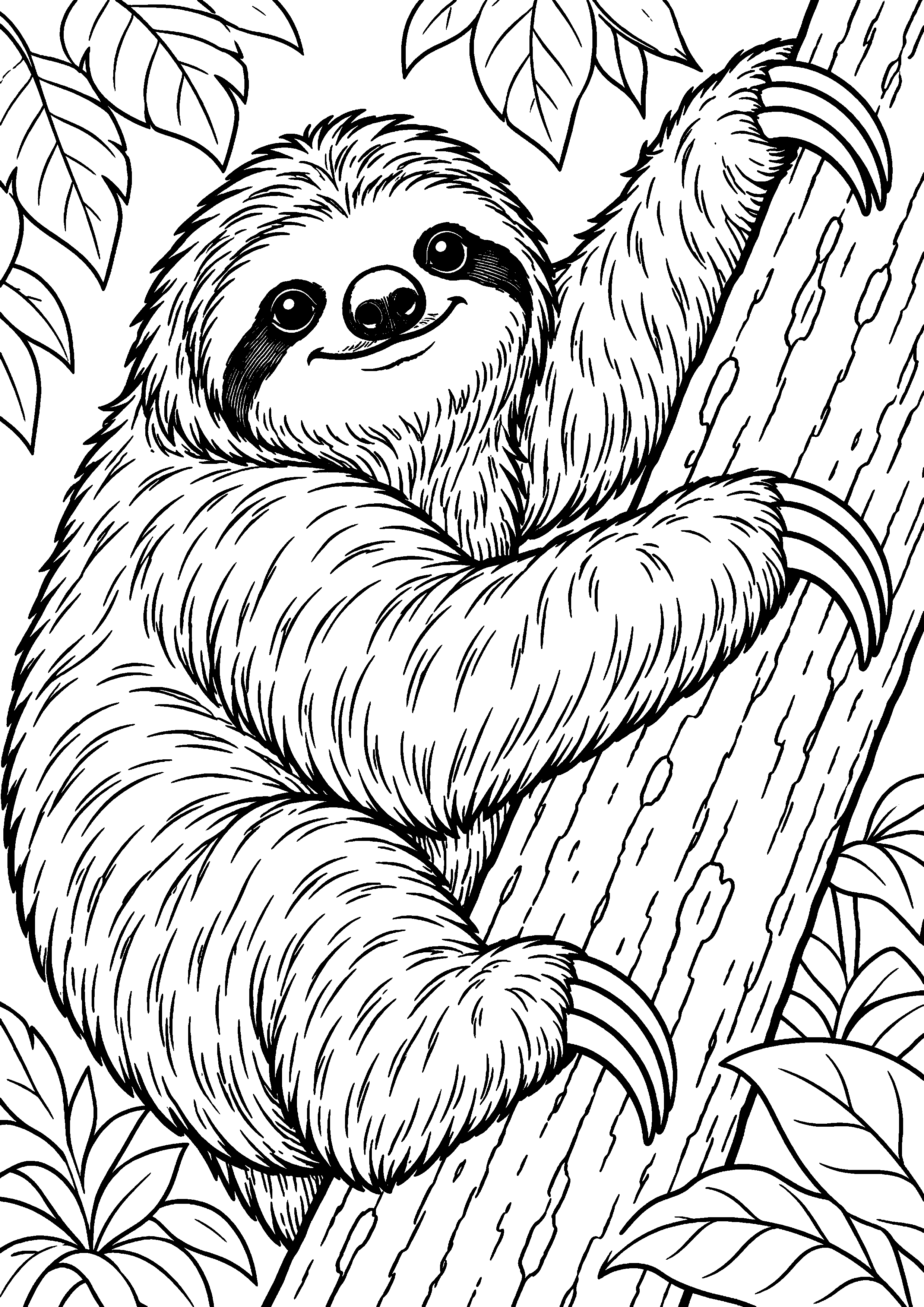 Grand coloriage d’un paresseux parent et petit blottis l’un contre l’autre, contours noirs nets sur fond blanc