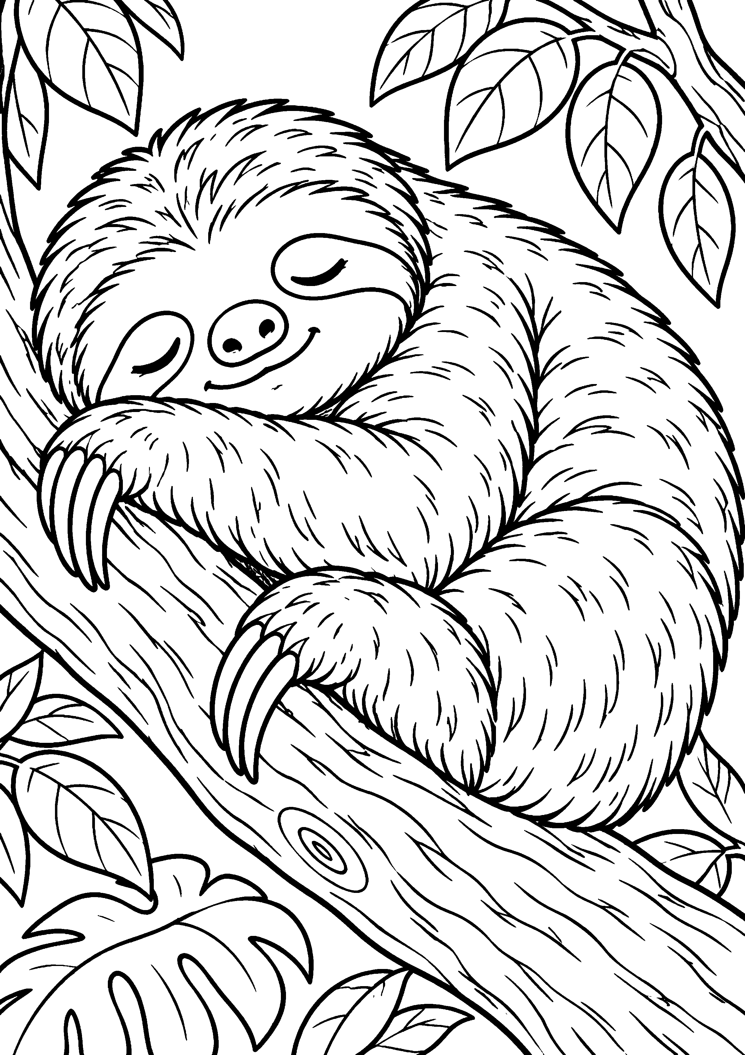 Grand coloriage d’un paresseux en famille de trois dans son habitat, contours noirs nets sur fond blanc