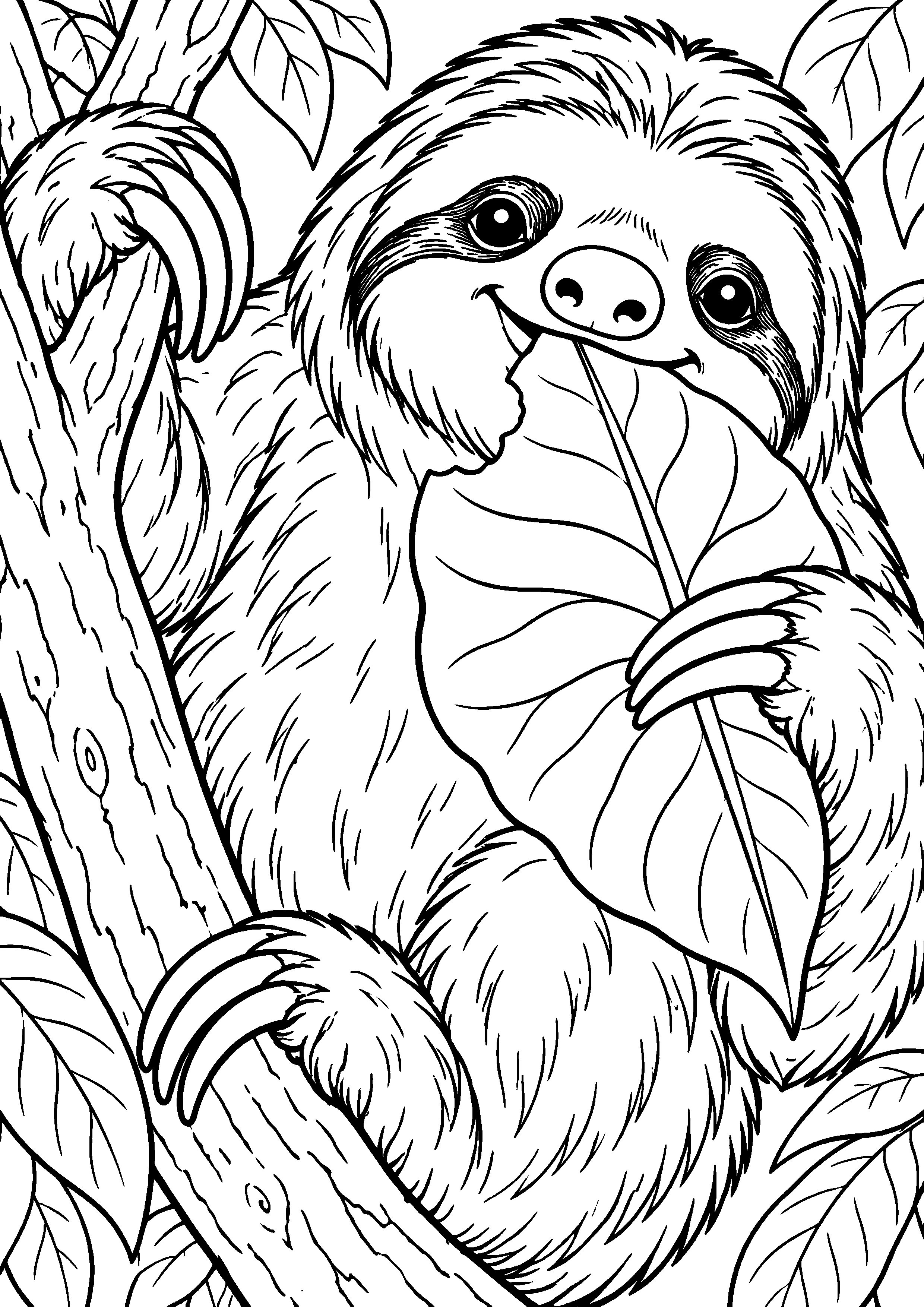 Grand coloriage d’un paresseux mangeant sa nourriture naturelle, contours noirs nets sur fond blanc