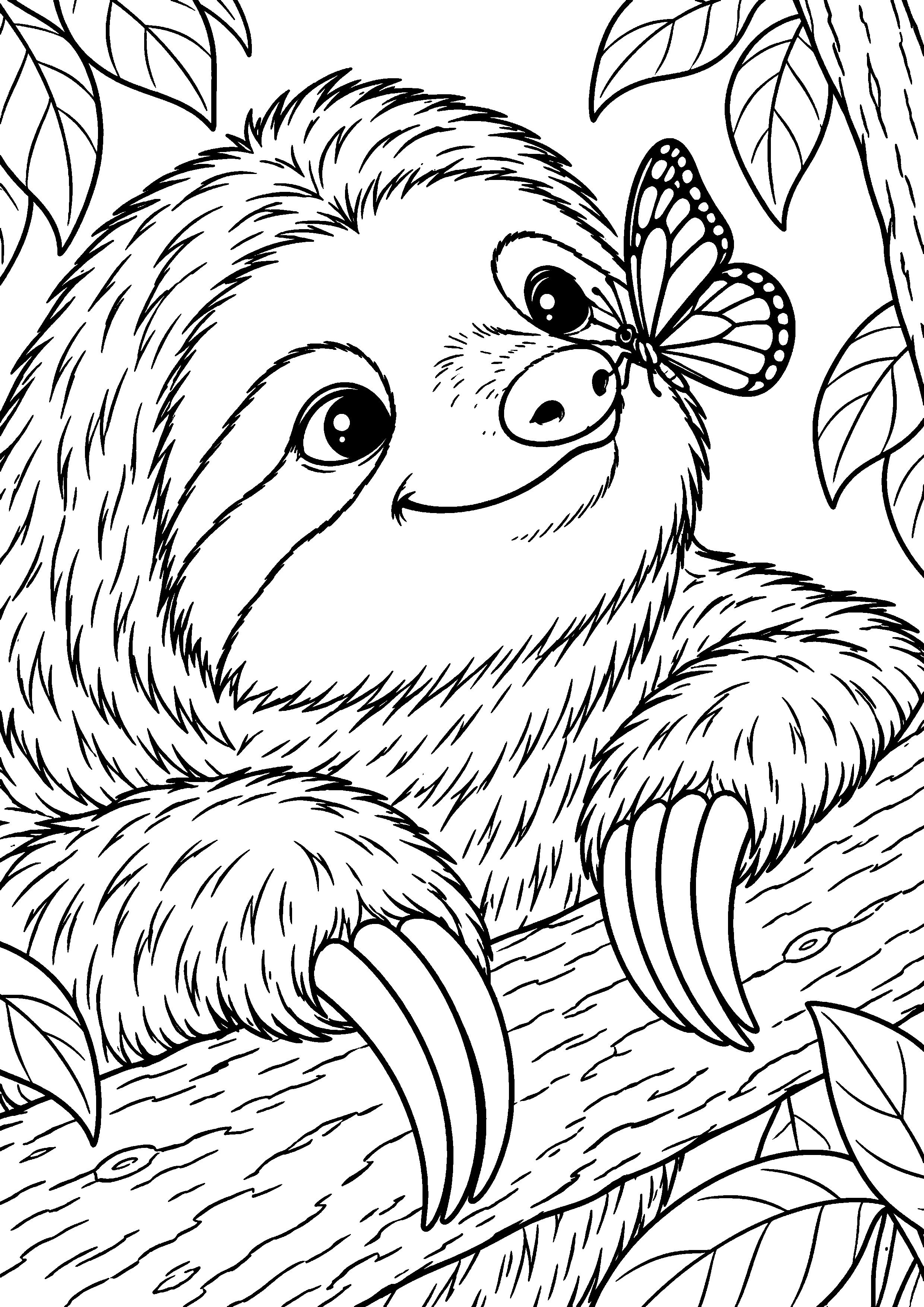 Grand coloriage d’un paresseux buvant au bord d’un ruisseau, contours noirs nets sur fond blanc