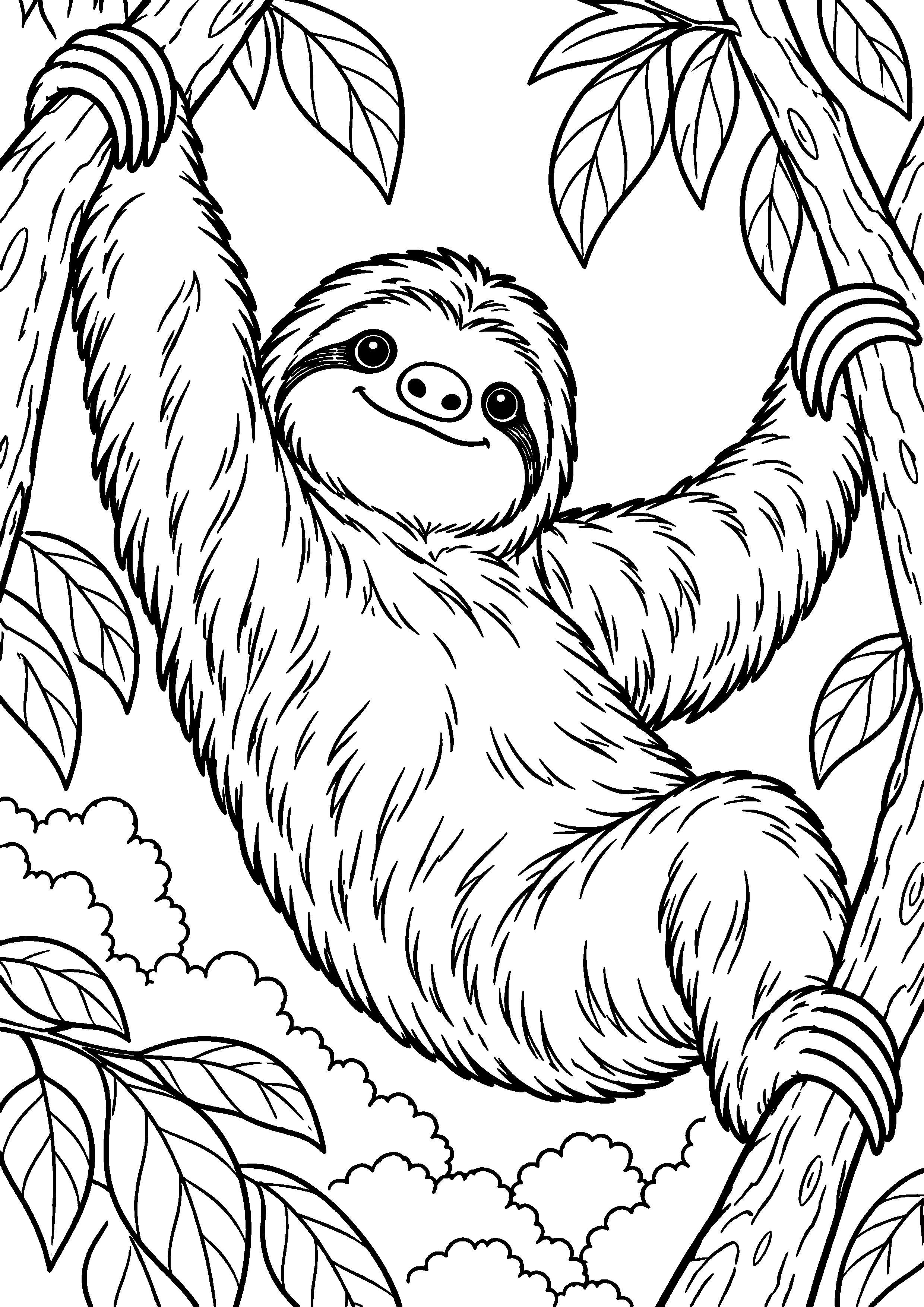 Grand coloriage d’un paresseux jouant avec une branche, contours noirs nets sur fond blanc