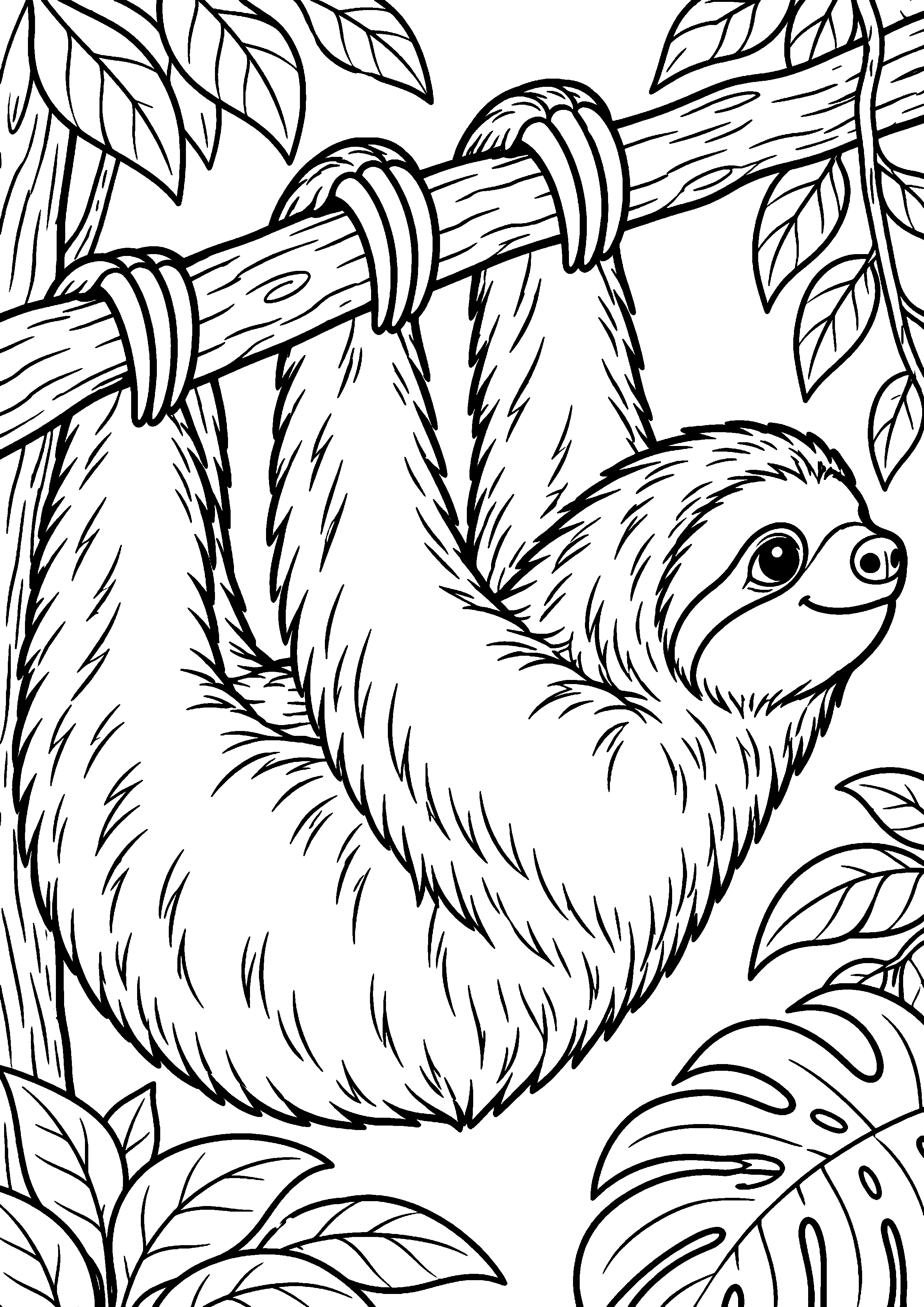 Grand coloriage d’un paresseux courant dans une clairière, contours noirs nets sur fond blanc