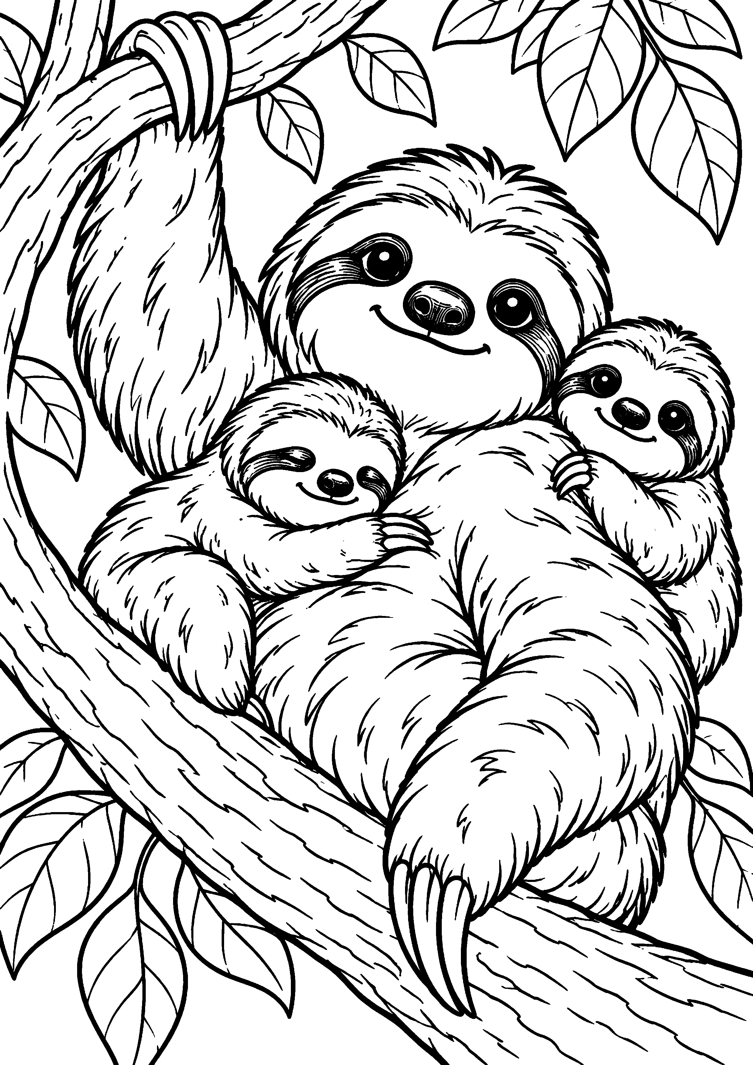 Grand coloriage d’un paresseux sautant au-dessus d’un petit tronc, contours noirs nets sur fond blanc