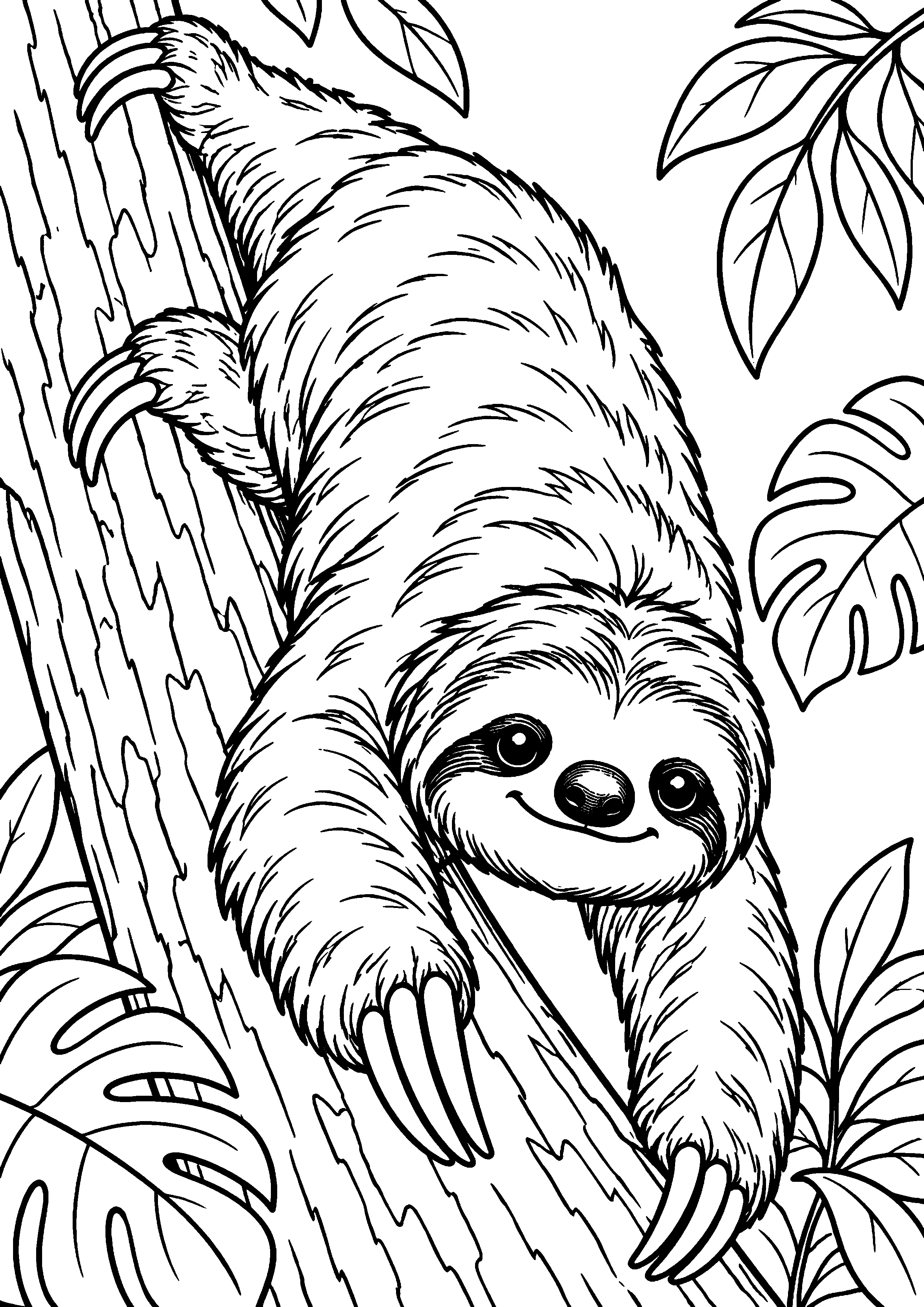 Grand coloriage d’un paresseux se reposant sous un arbre, contours noirs nets sur fond blanc