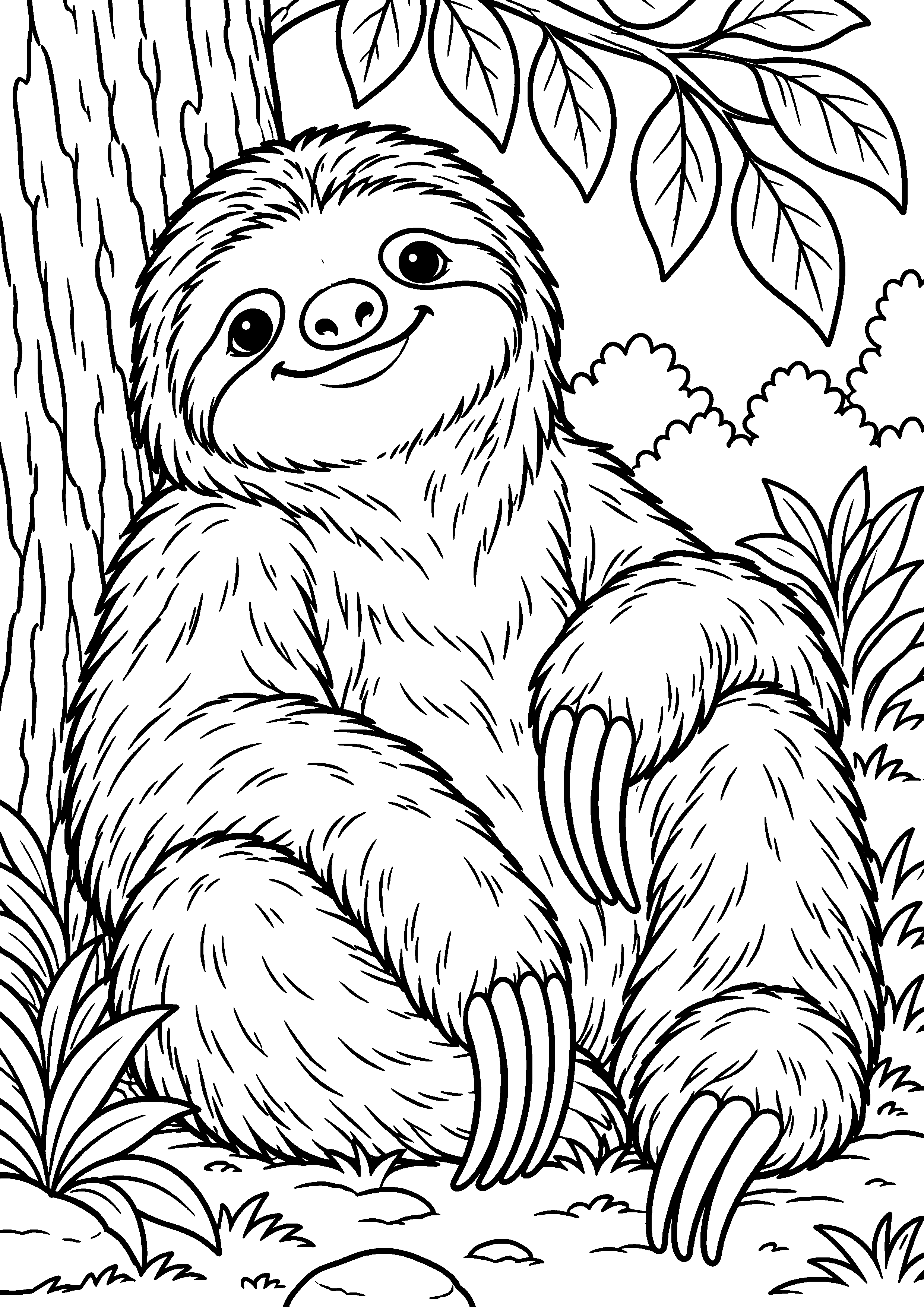 Grand coloriage d’un paresseux observant un papillon, contours noirs nets sur fond blanc