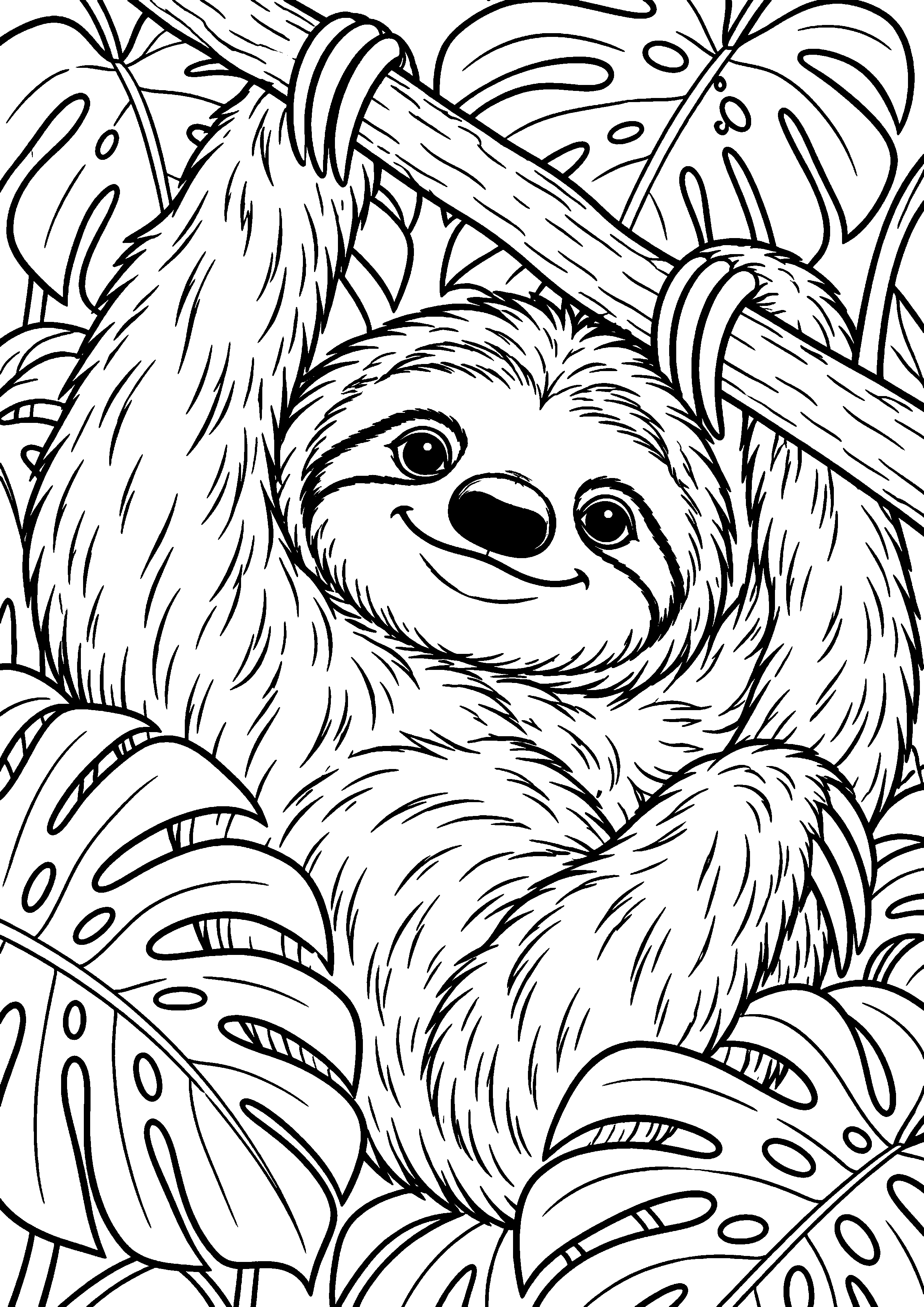 Grand coloriage d’un paresseux reniflant des fleurs sauvages, contours noirs nets sur fond blanc